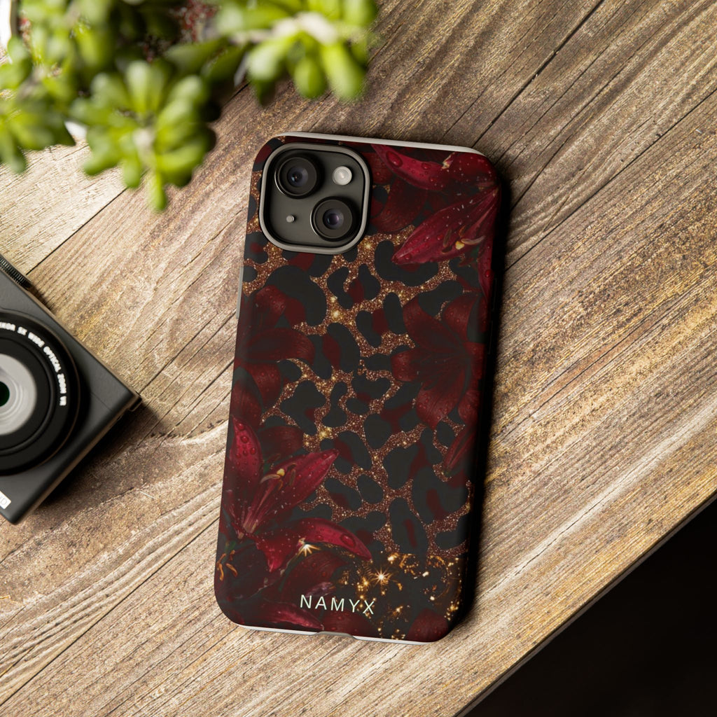 Protective Phone Case — Burgundy Floral & Gold Leopard Print Tough Case