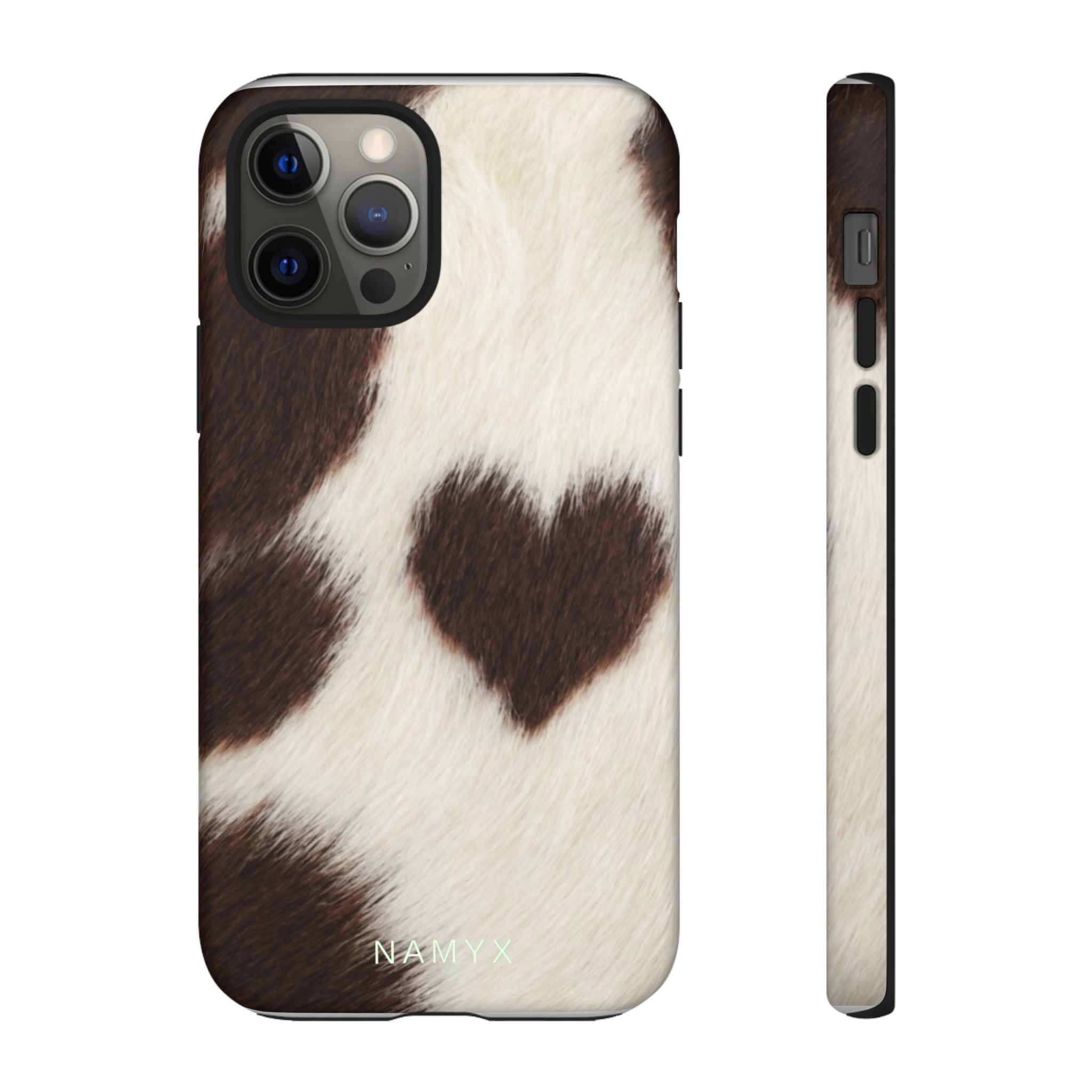 Cowhide Heart Phone Case — Cute Cow Print Protective iPhone Cover