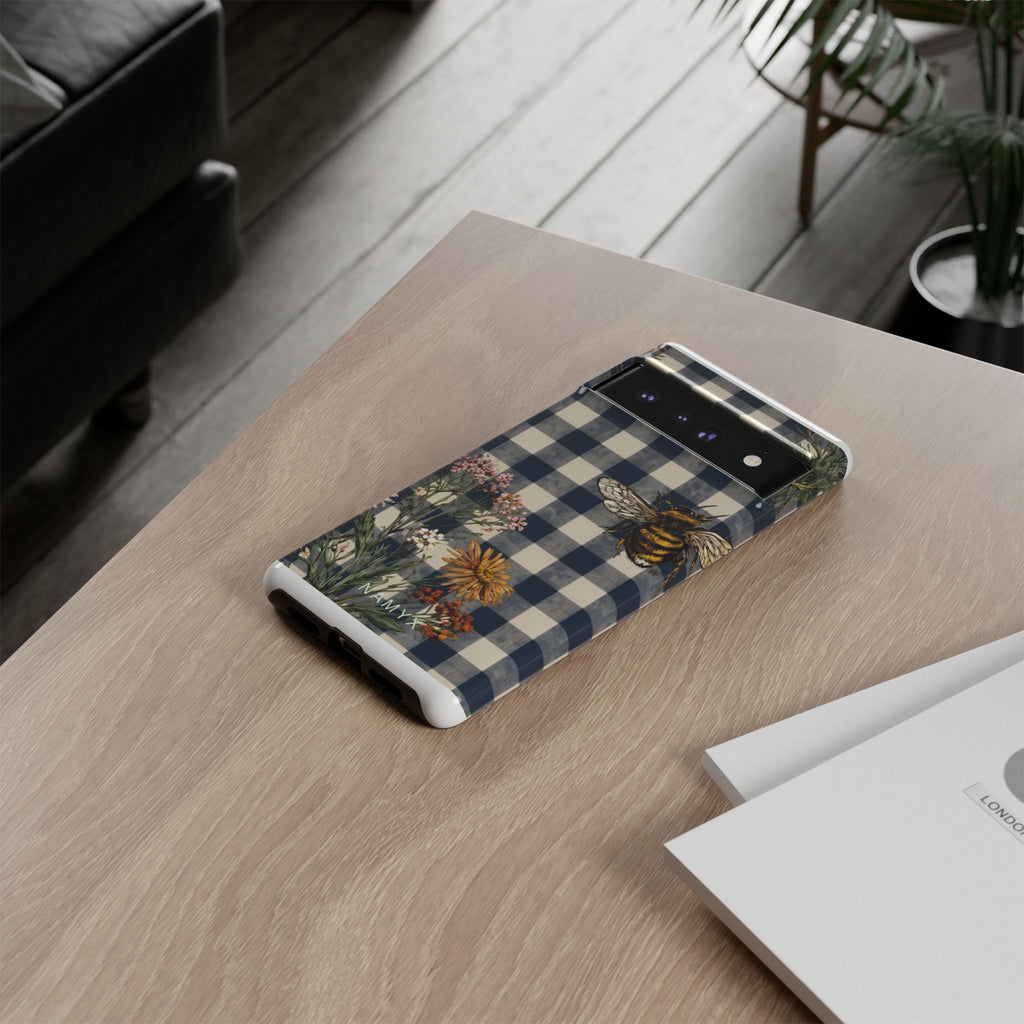 Bee & Wildflower Plaid Phone Case — Navy Buffalo Check Floral iPhone Cover