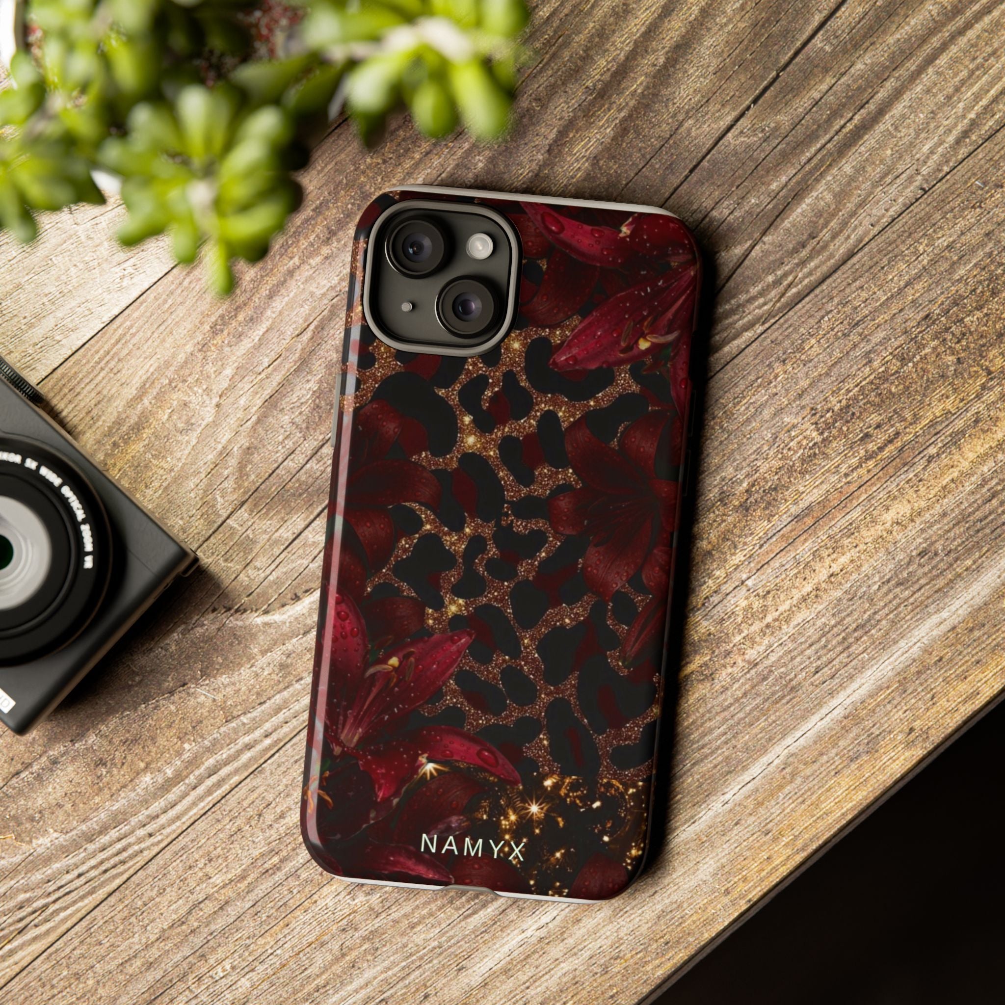 Protective Phone Case — Burgundy Floral & Gold Leopard Print Tough Case