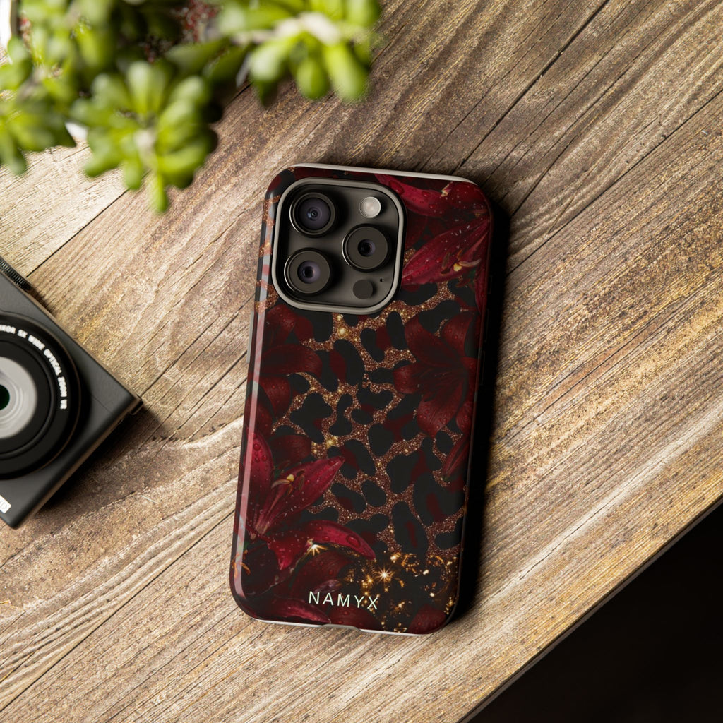 Protective Phone Case — Burgundy Floral & Gold Leopard Print Tough Case