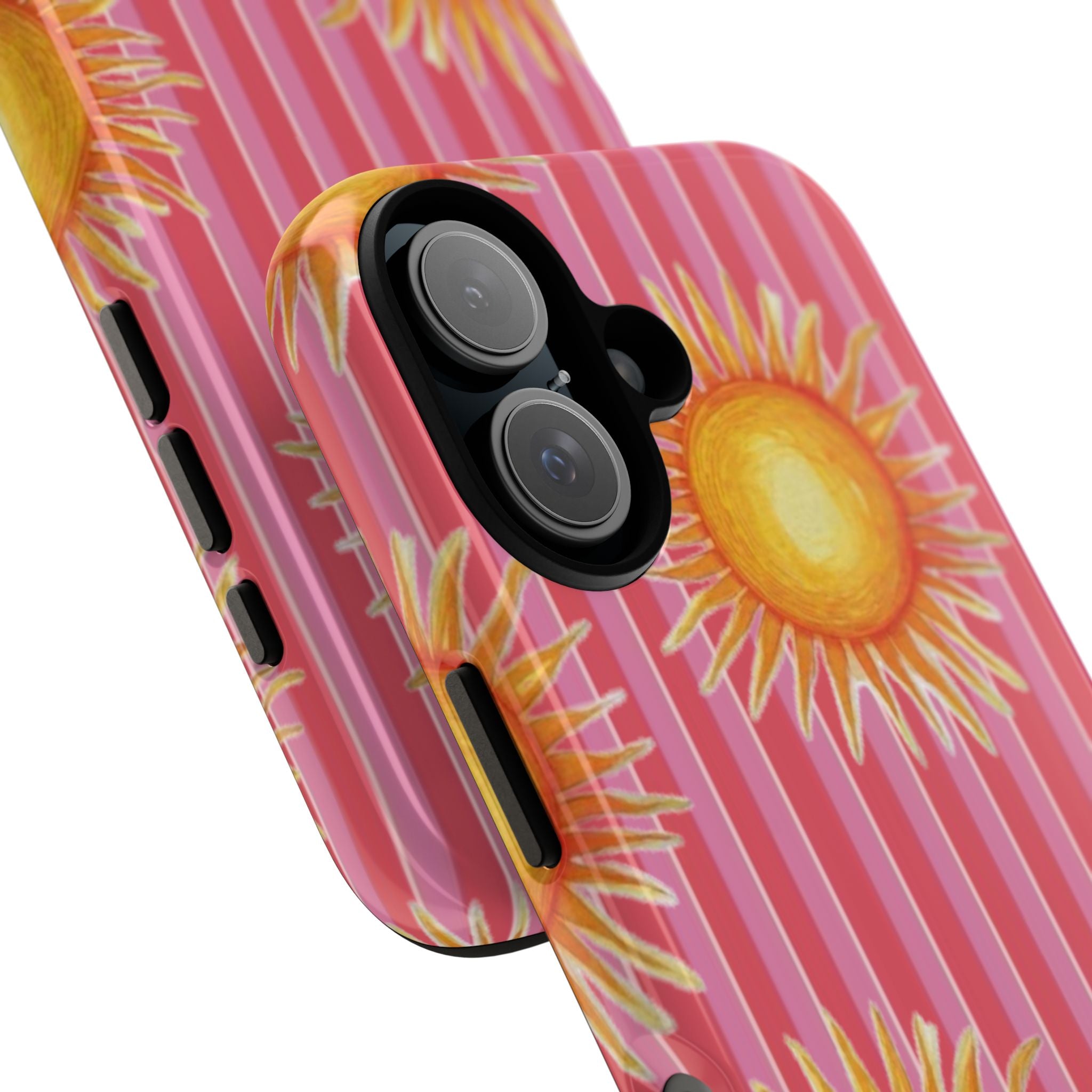 Sunburst Stripe Tough Phone Case — Bright Yellow Sun Pattern on Pink