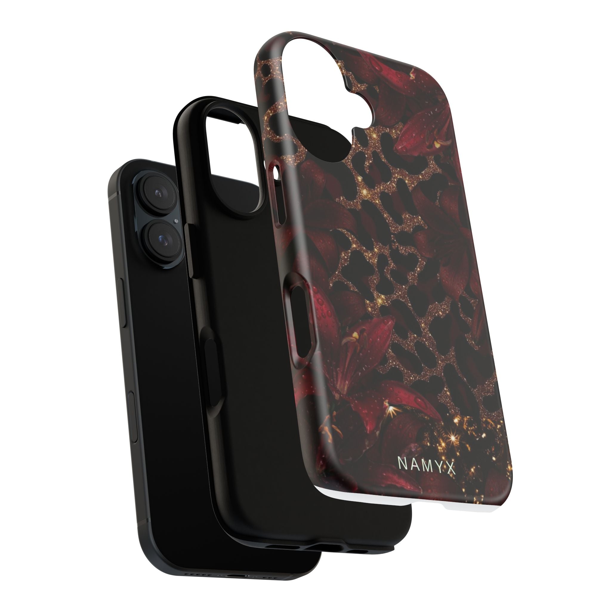 Protective Phone Case — Burgundy Floral & Gold Leopard Print Tough Case