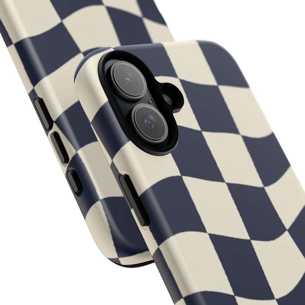 Wavy Checkered Phone Case – Retro Navy Racing Pattern Tough Case