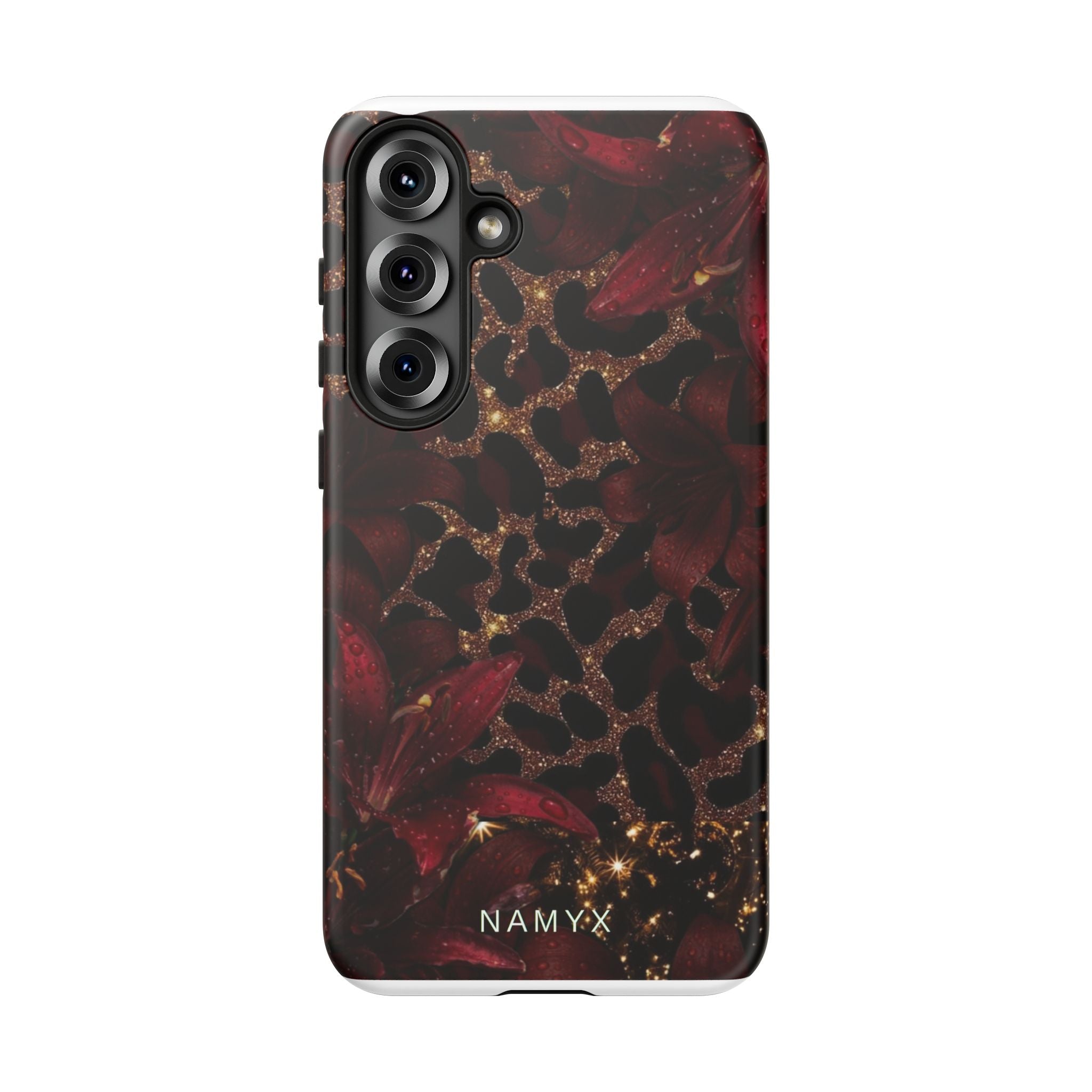 Protective Phone Case — Burgundy Floral & Gold Leopard Print Tough Case