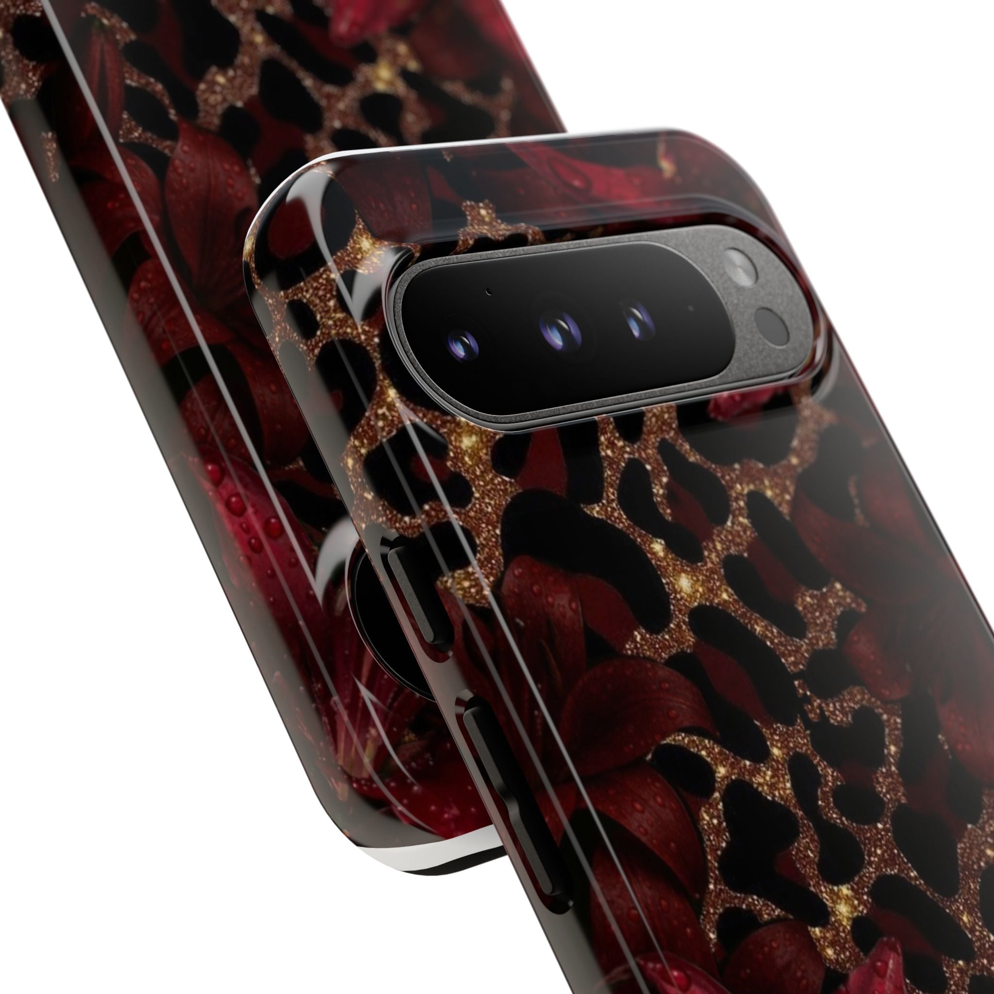 Protective Phone Case — Burgundy Floral & Gold Leopard Print Tough Case