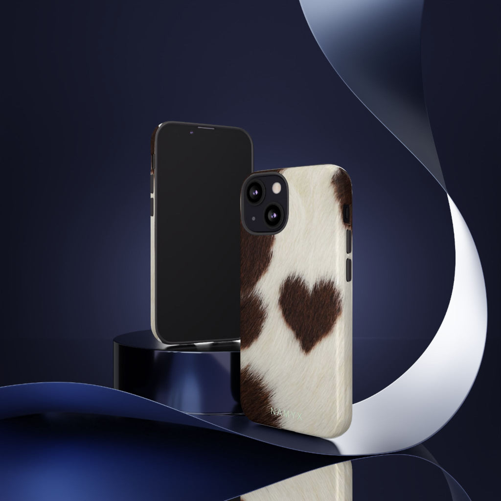 Cowhide Heart Phone Case — Cute Cow Print Protective iPhone Cover