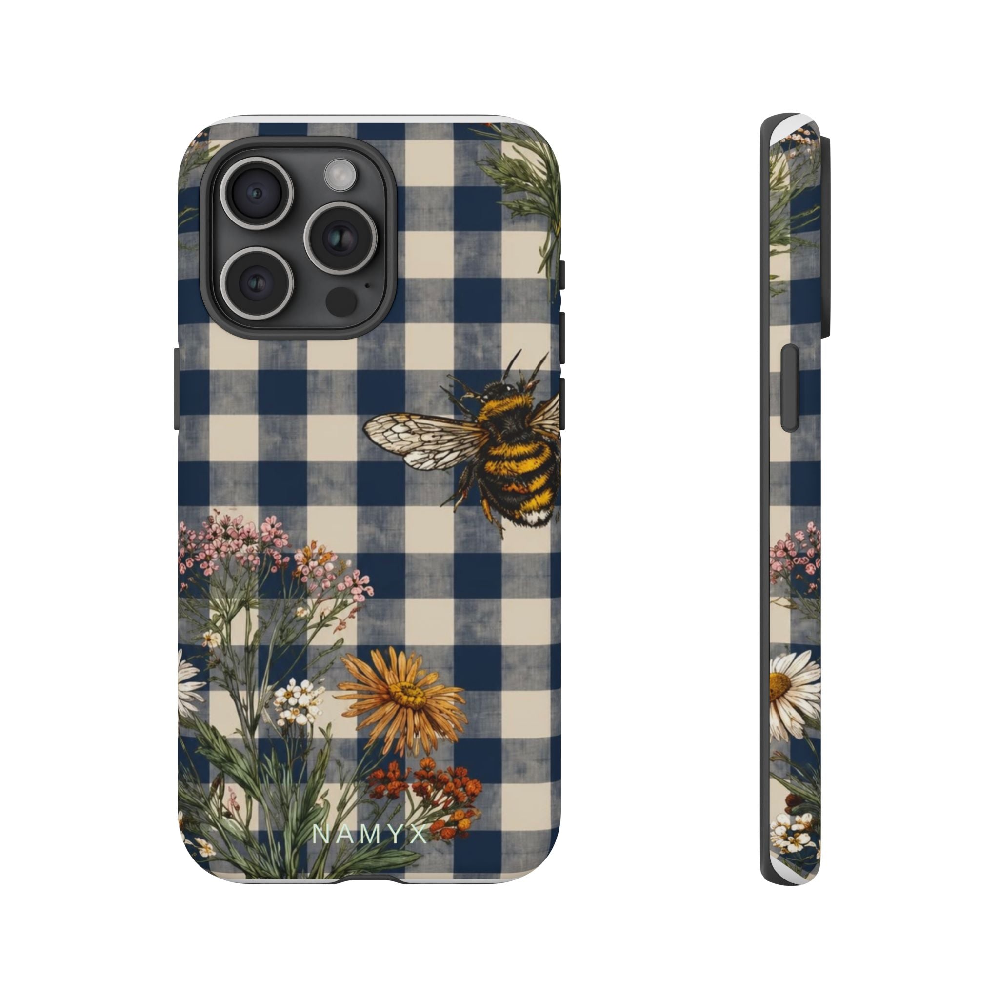 Bee & Wildflower Plaid Phone Case — Navy Buffalo Check Floral iPhone Cover