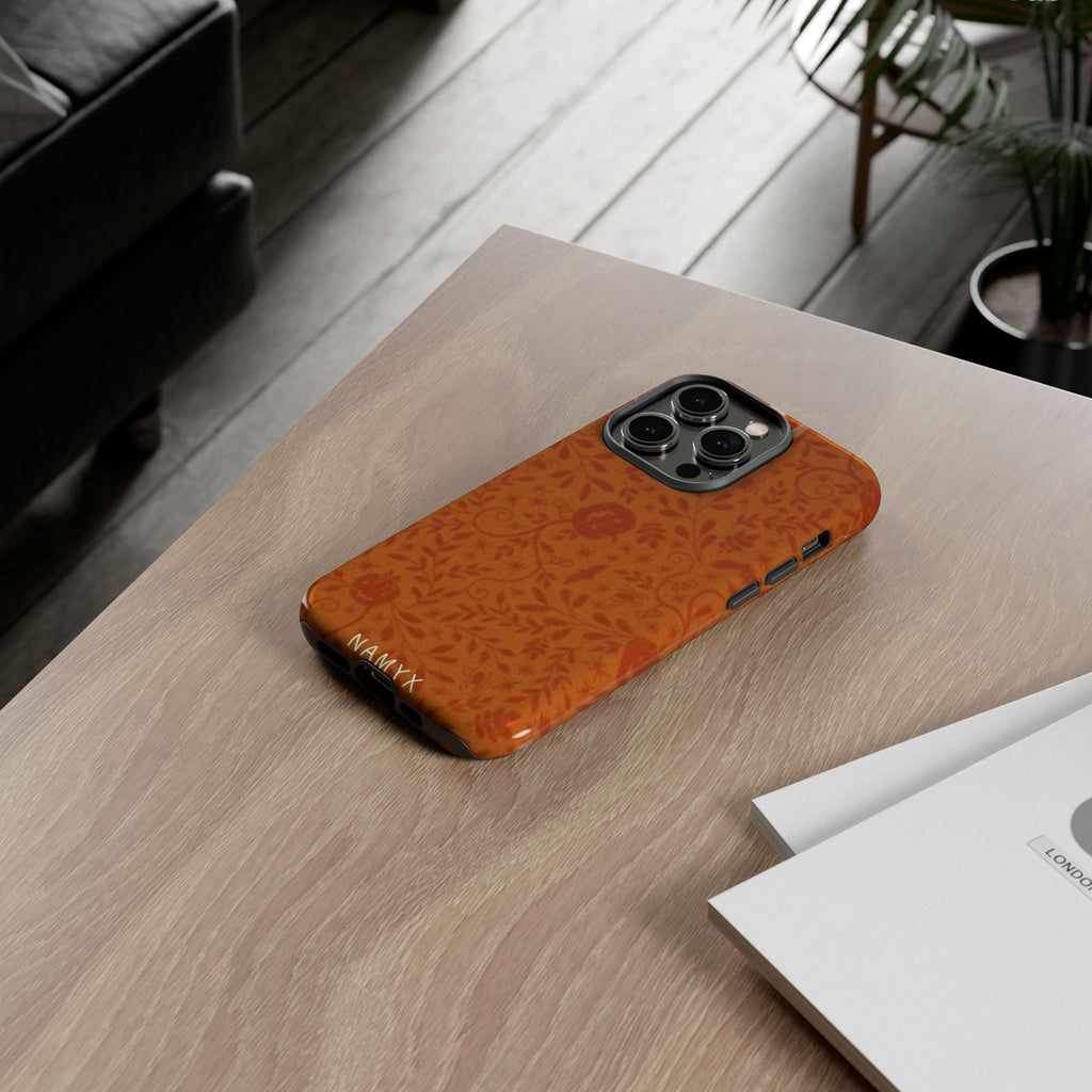Floral Leather Phone Case — Rustic Orange Botanical Tough Case