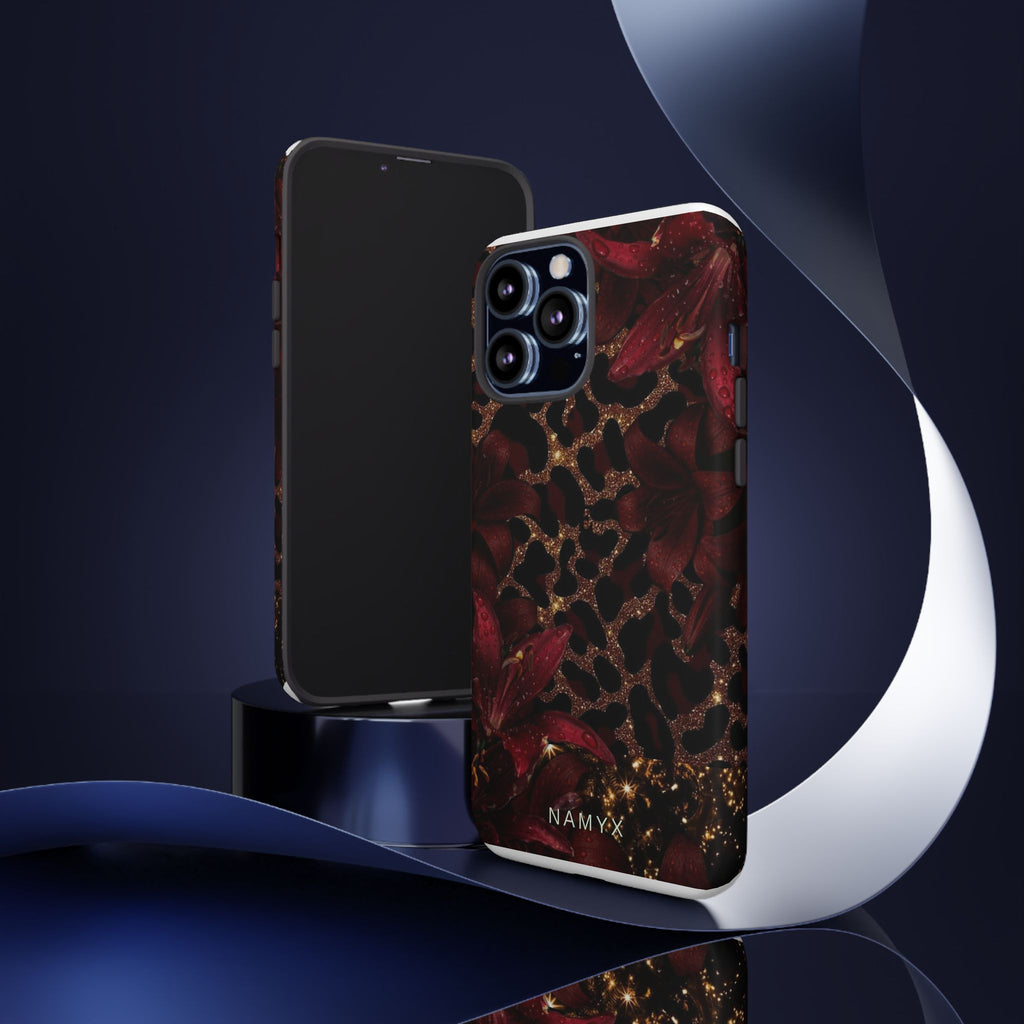 Protective Phone Case — Burgundy Floral & Gold Leopard Print Tough Case