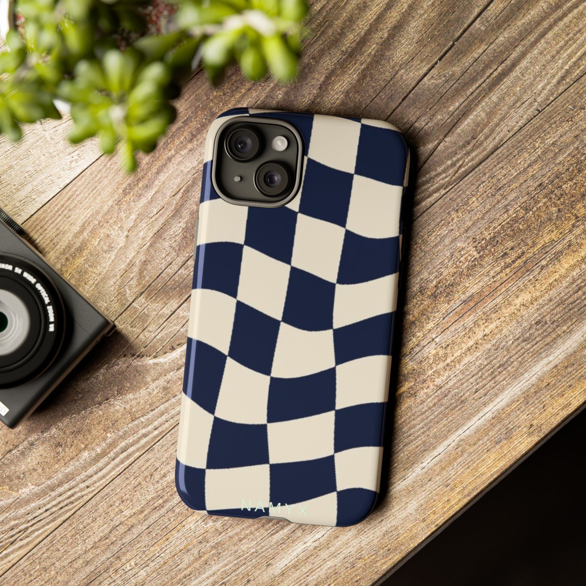 Wavy Checkered Phone Case – Retro Navy Racing Pattern Tough Case