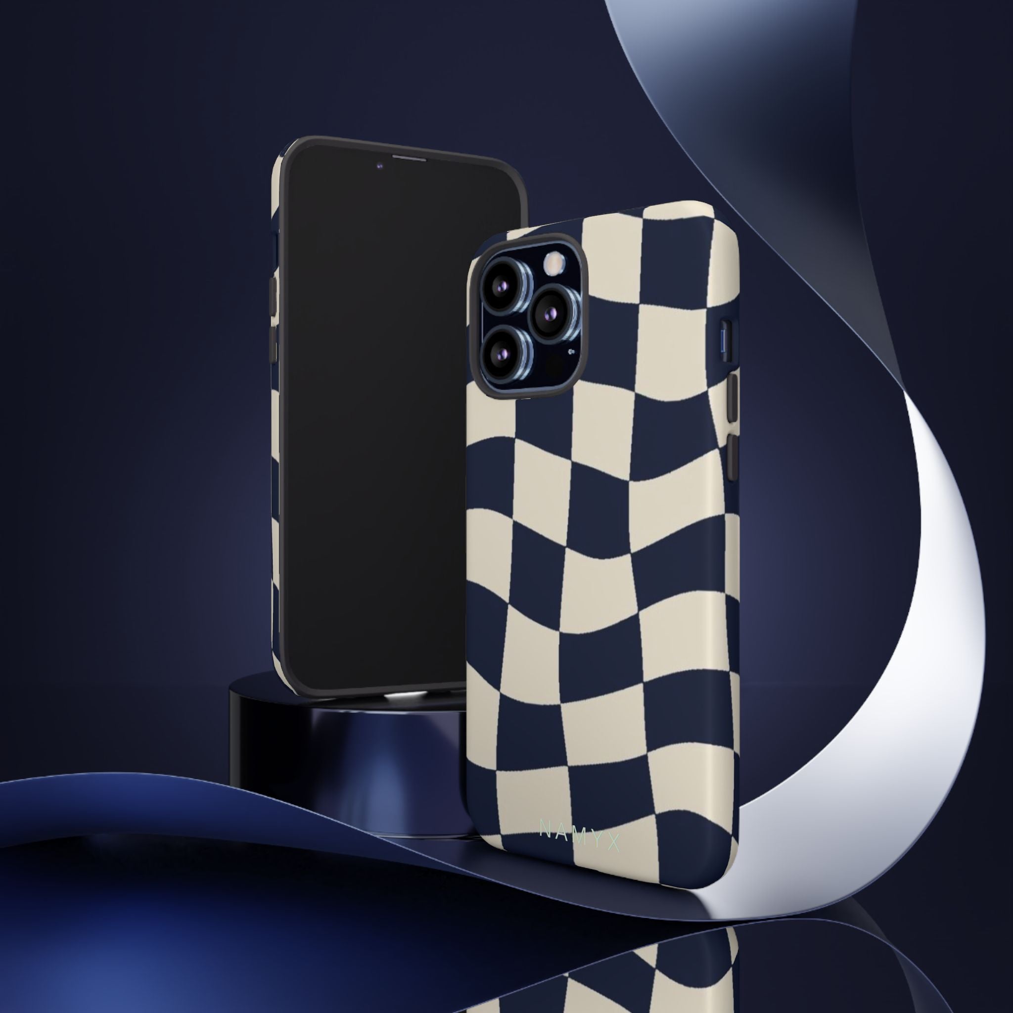 Wavy Checkered Phone Case – Retro Navy Racing Pattern Tough Case