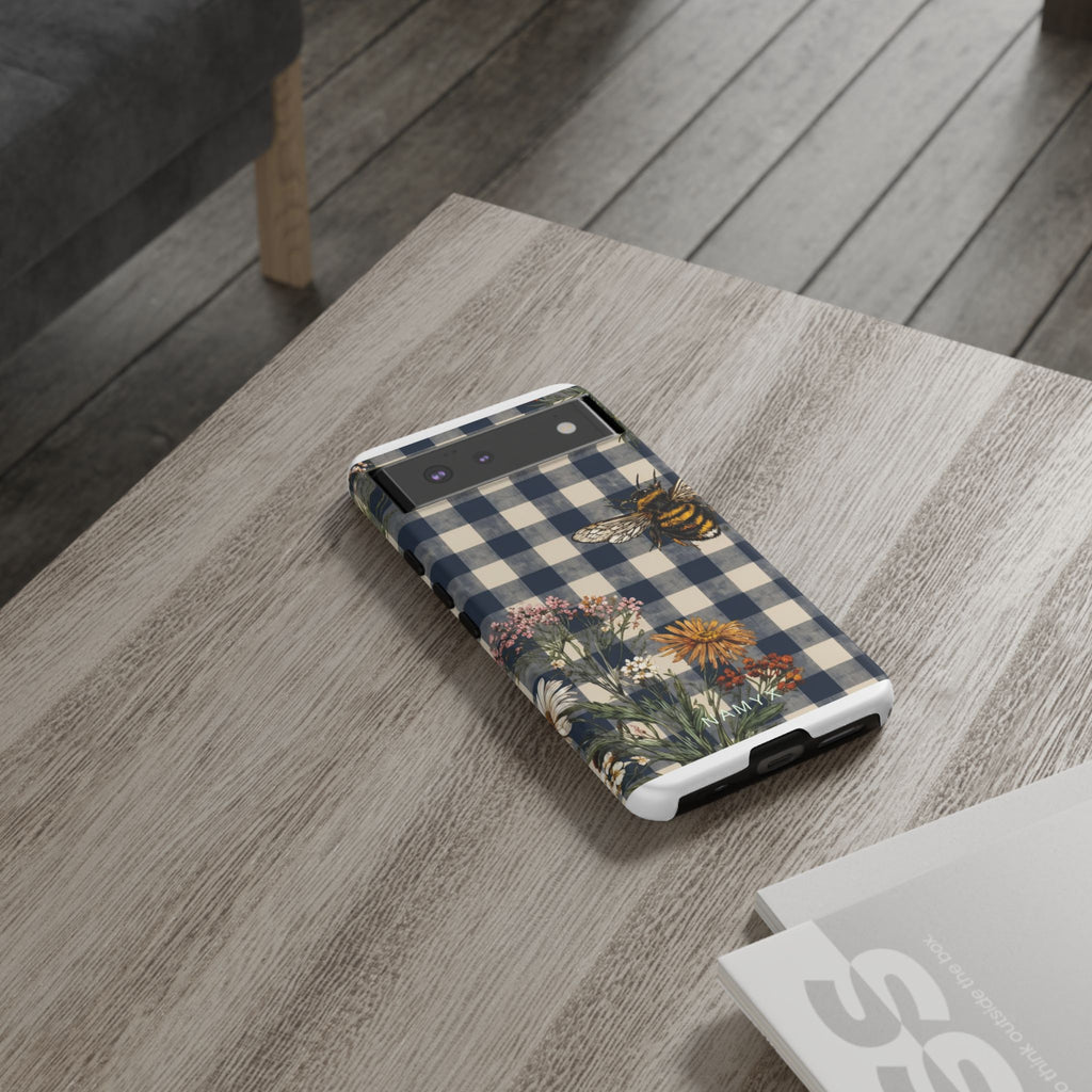 Bee & Wildflower Plaid Phone Case — Navy Buffalo Check Floral iPhone Cover