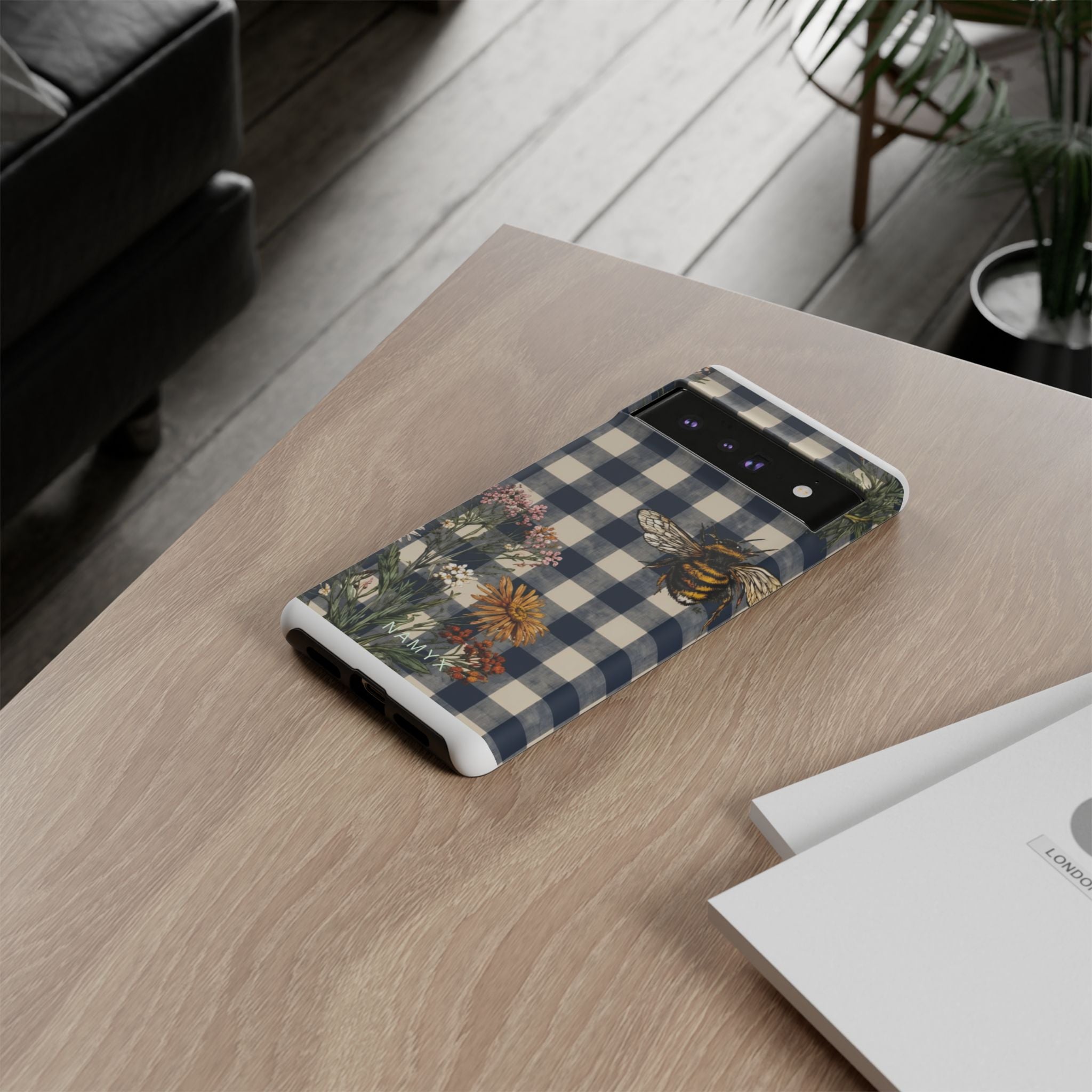 Bee & Wildflower Plaid Phone Case — Navy Buffalo Check Floral iPhone Cover