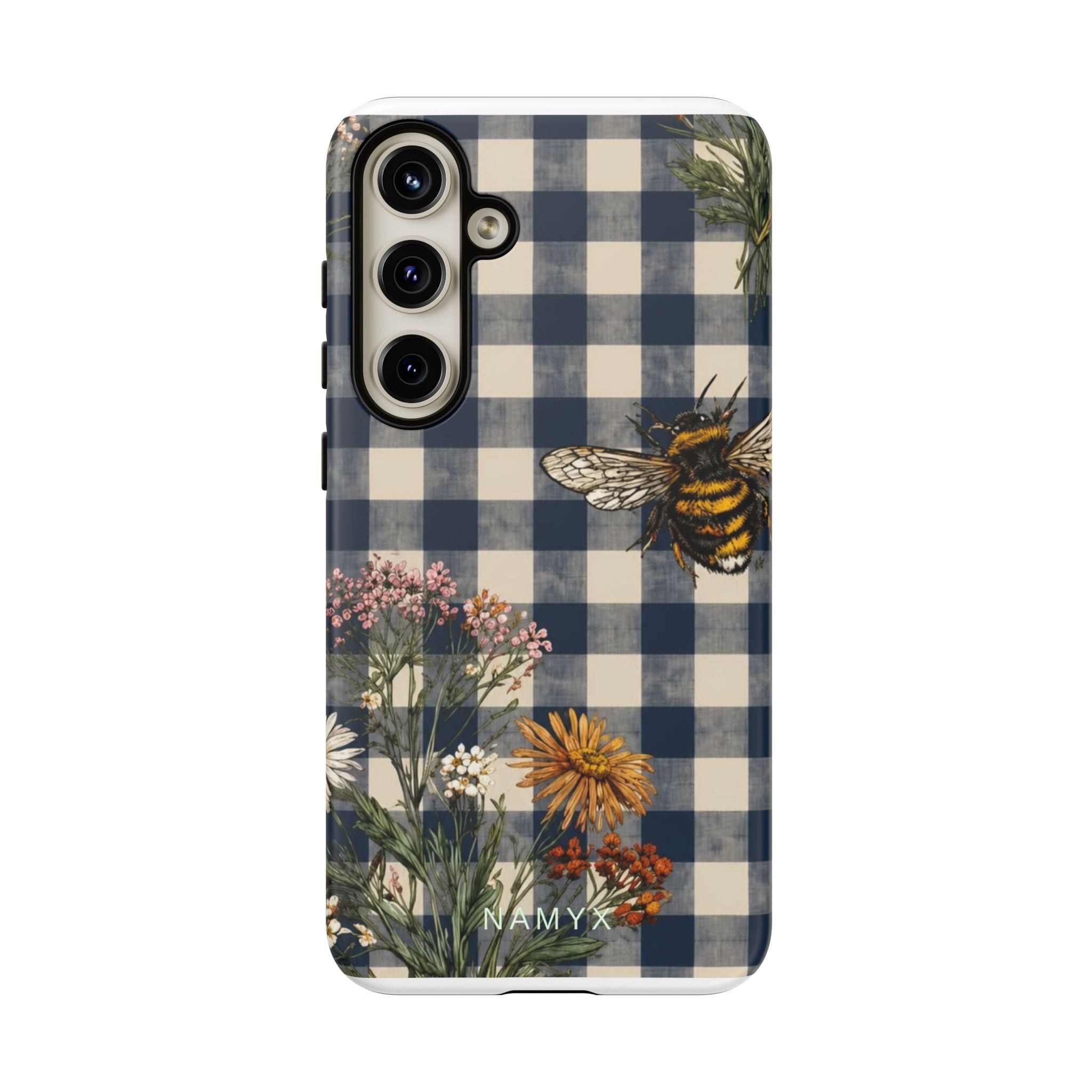 Bee & Wildflower Plaid Phone Case — Navy Buffalo Check Floral iPhone Cover
