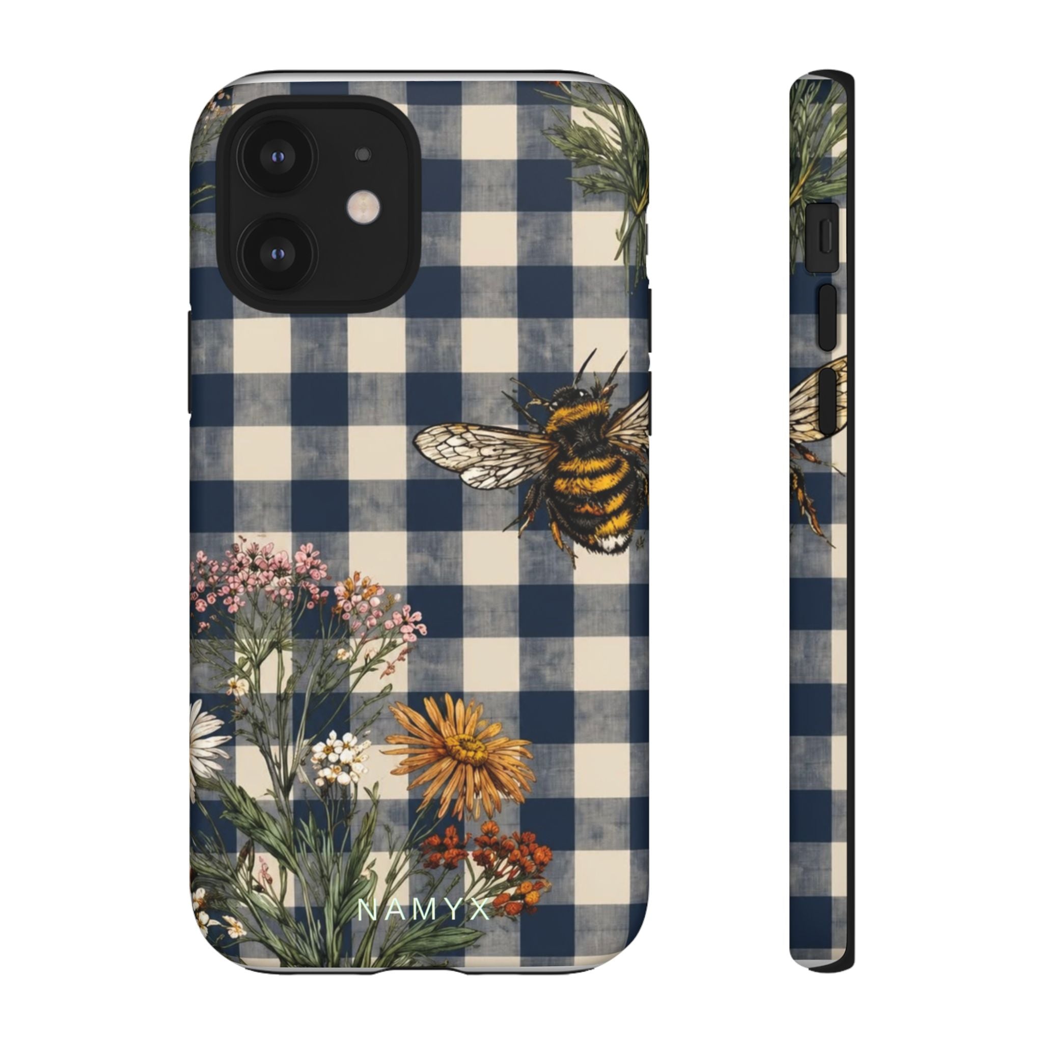 Bee & Wildflower Plaid Phone Case — Navy Buffalo Check Floral iPhone Cover