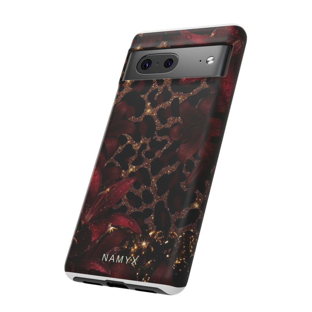 Protective Phone Case — Burgundy Floral & Gold Leopard Print Tough Case