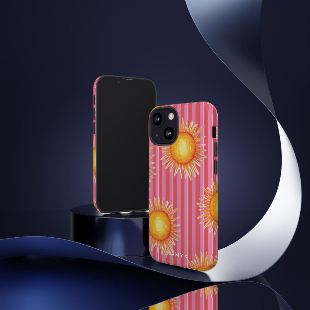 Sunburst Stripe Tough Phone Case — Bright Yellow Sun Pattern on Pink