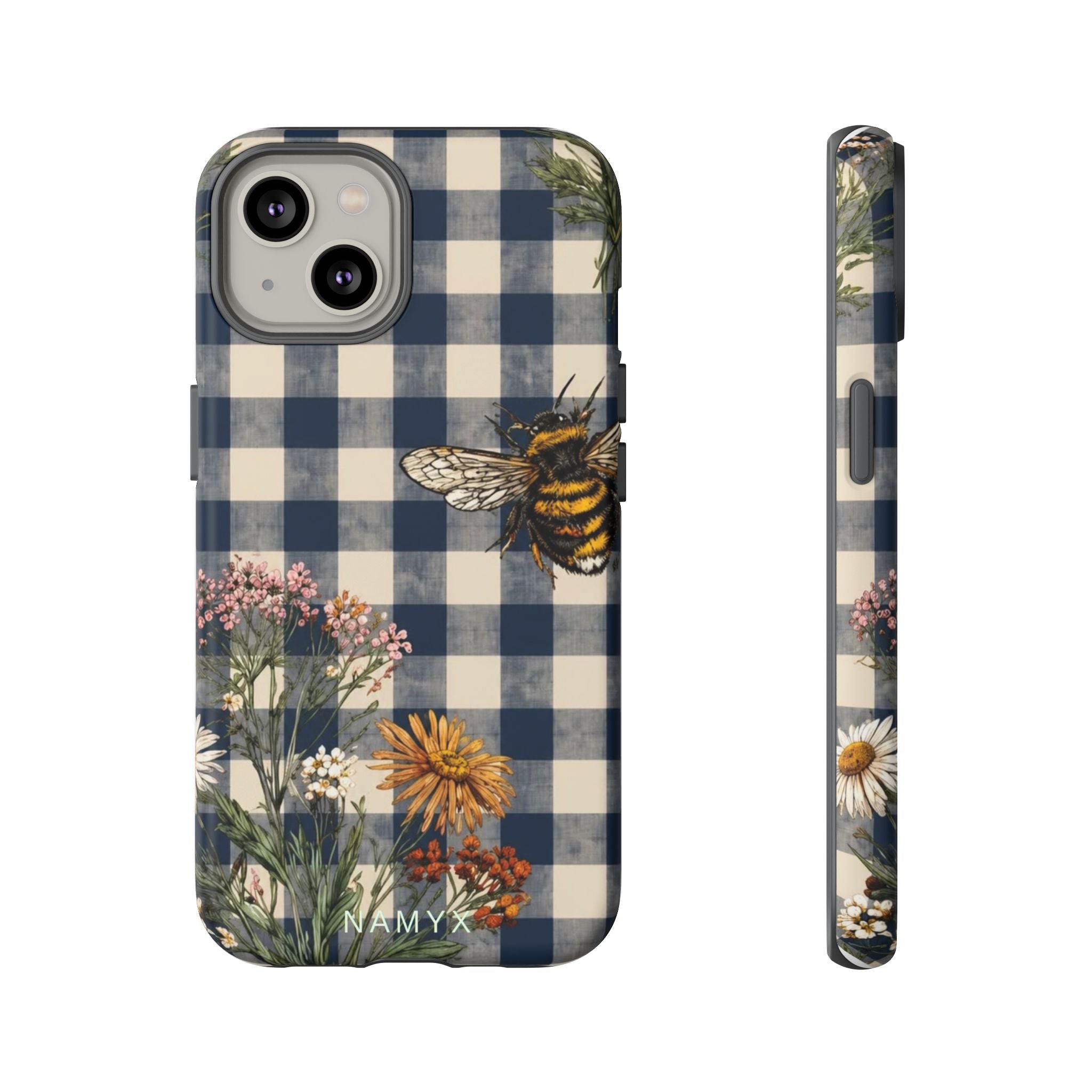Bee & Wildflower Plaid Phone Case — Navy Buffalo Check Floral iPhone Cover