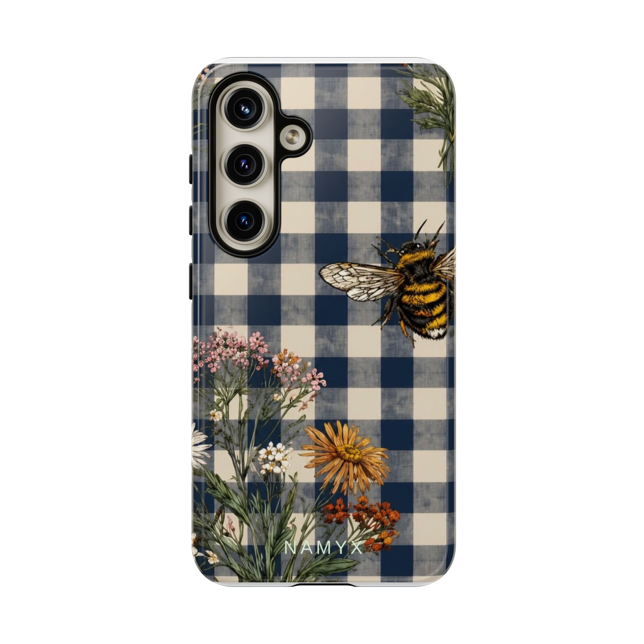 Bee & Wildflower Plaid Phone Case — Navy Buffalo Check Floral iPhone Cover