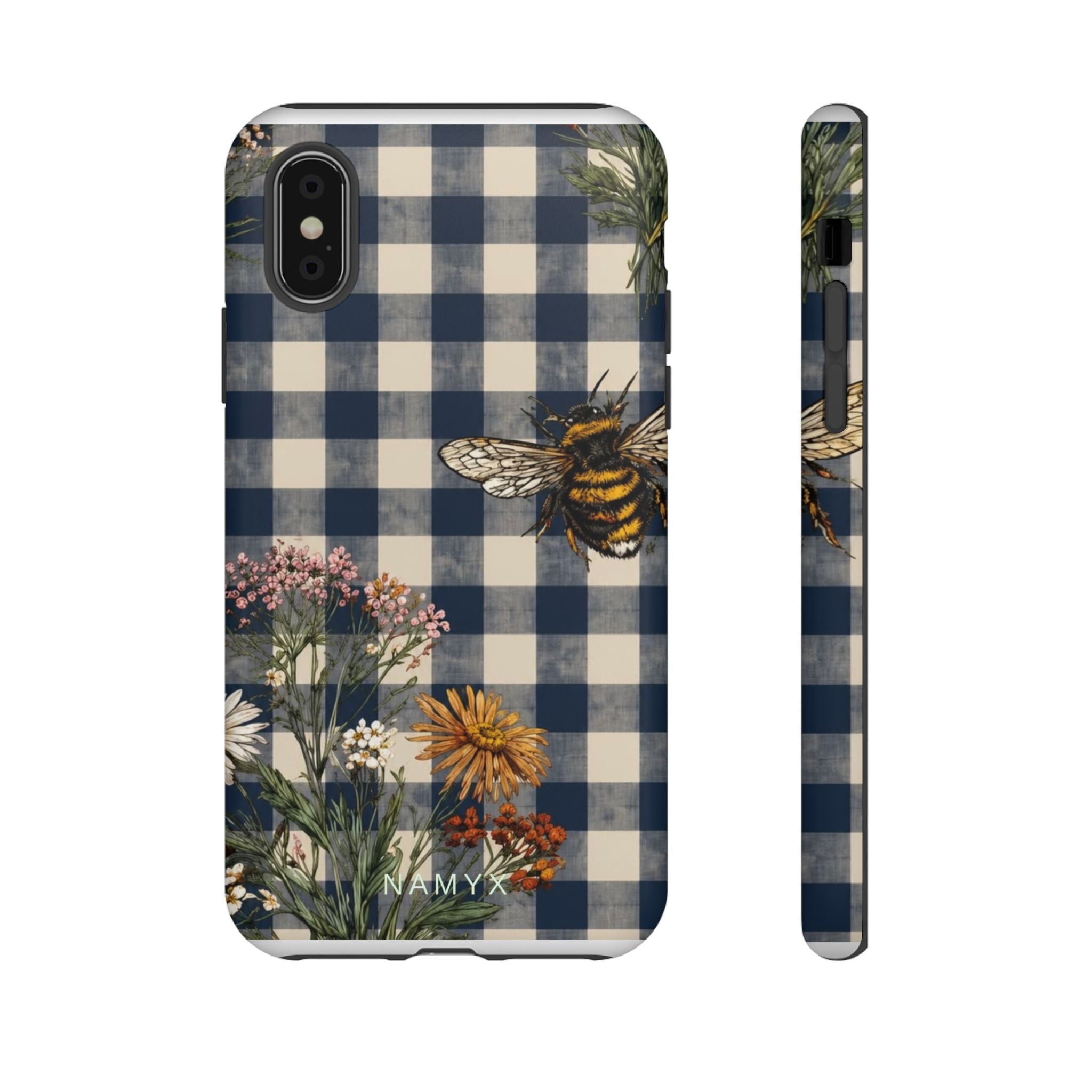 Bee & Wildflower Plaid Phone Case — Navy Buffalo Check Floral iPhone Cover