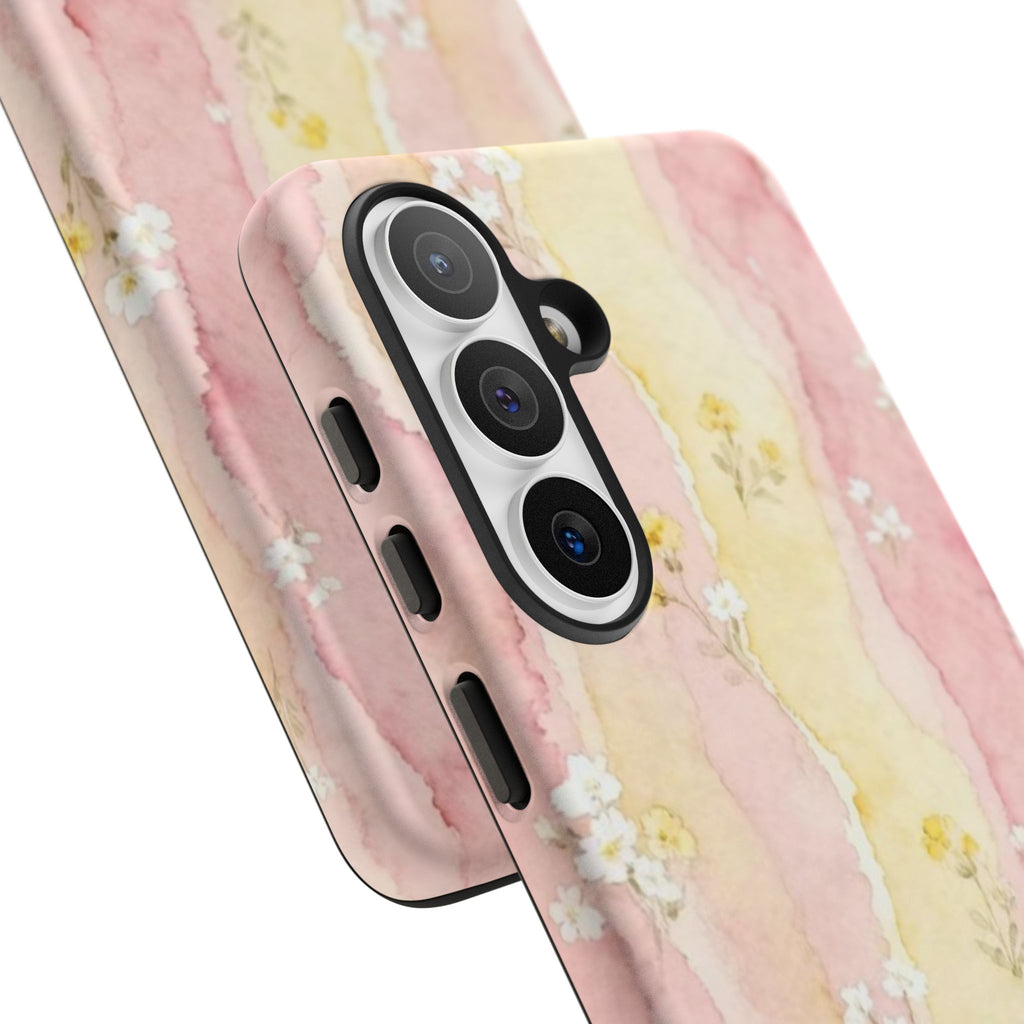 Floral Watercolor Tough Phone Case — Pink & Yellow Daisy Protective Cover