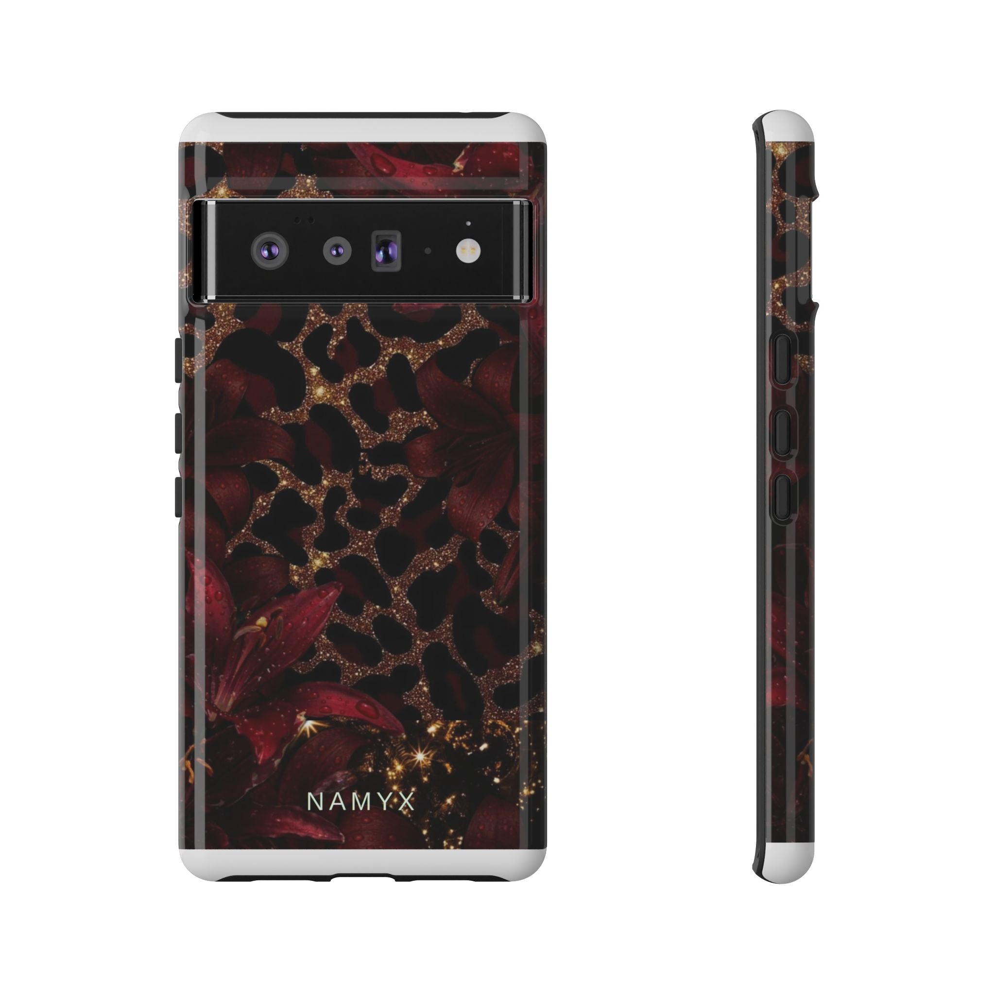 Protective Phone Case — Burgundy Floral & Gold Leopard Print Tough Case