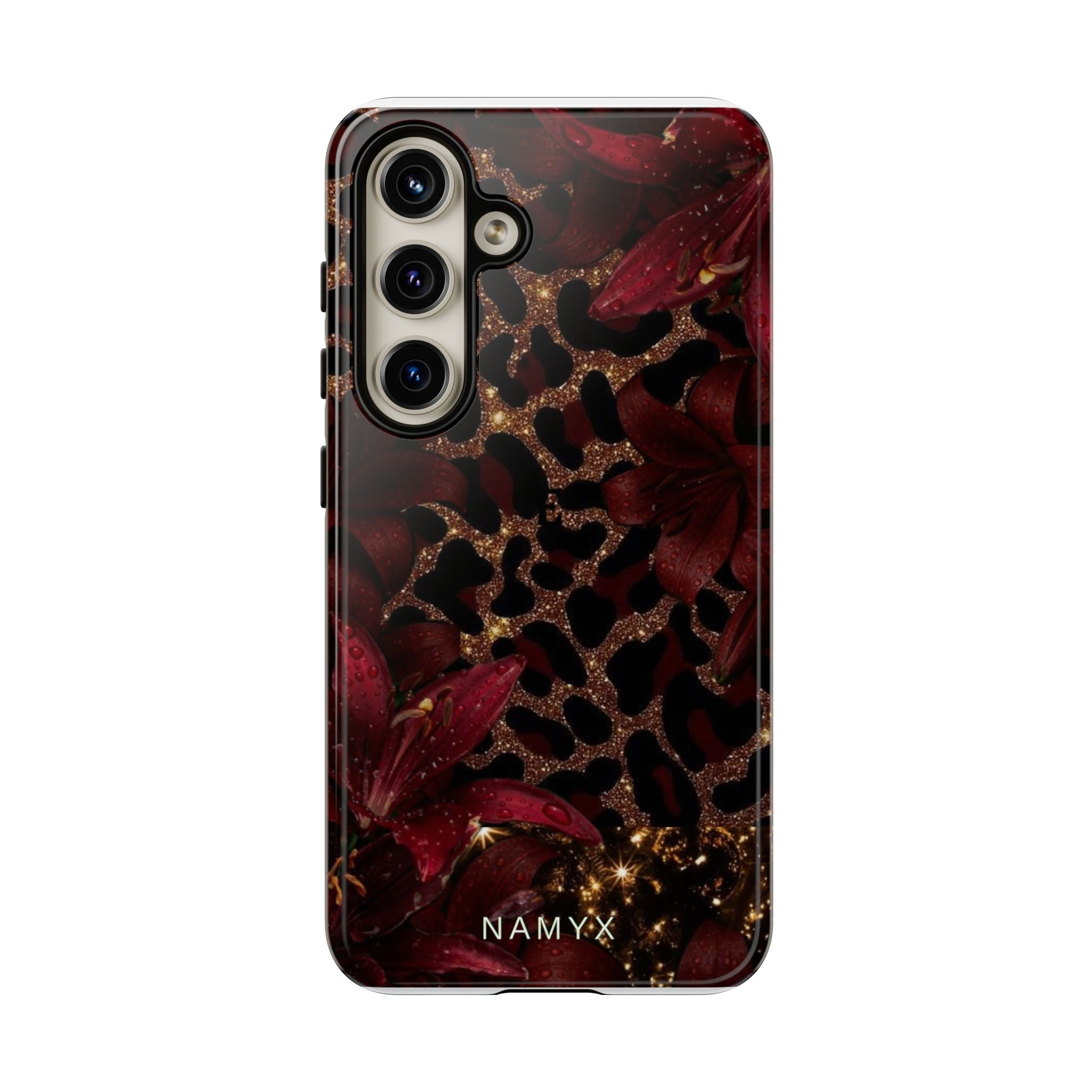 Protective Phone Case — Burgundy Floral & Gold Leopard Print Tough Case