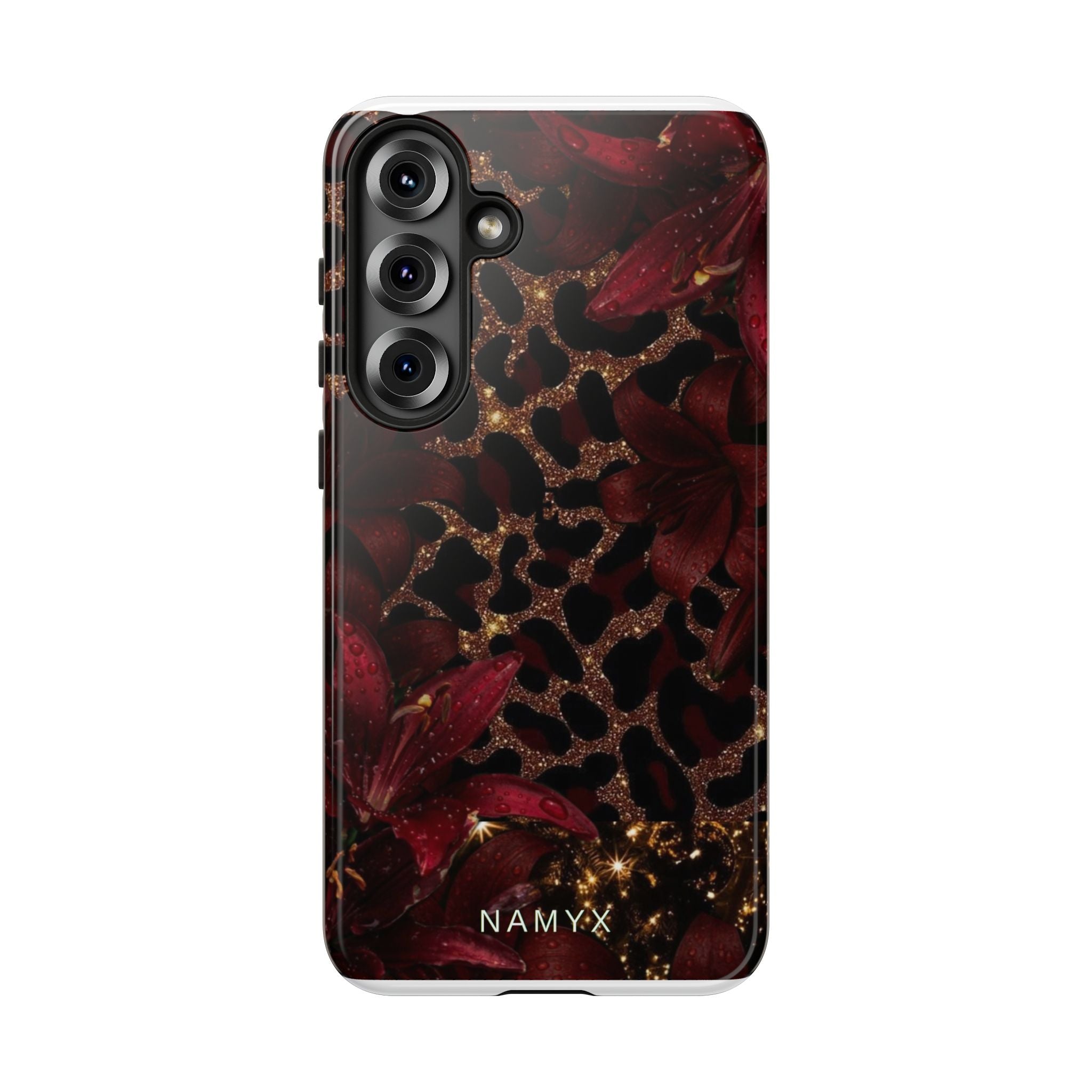 Protective Phone Case — Burgundy Floral & Gold Leopard Print Tough Case
