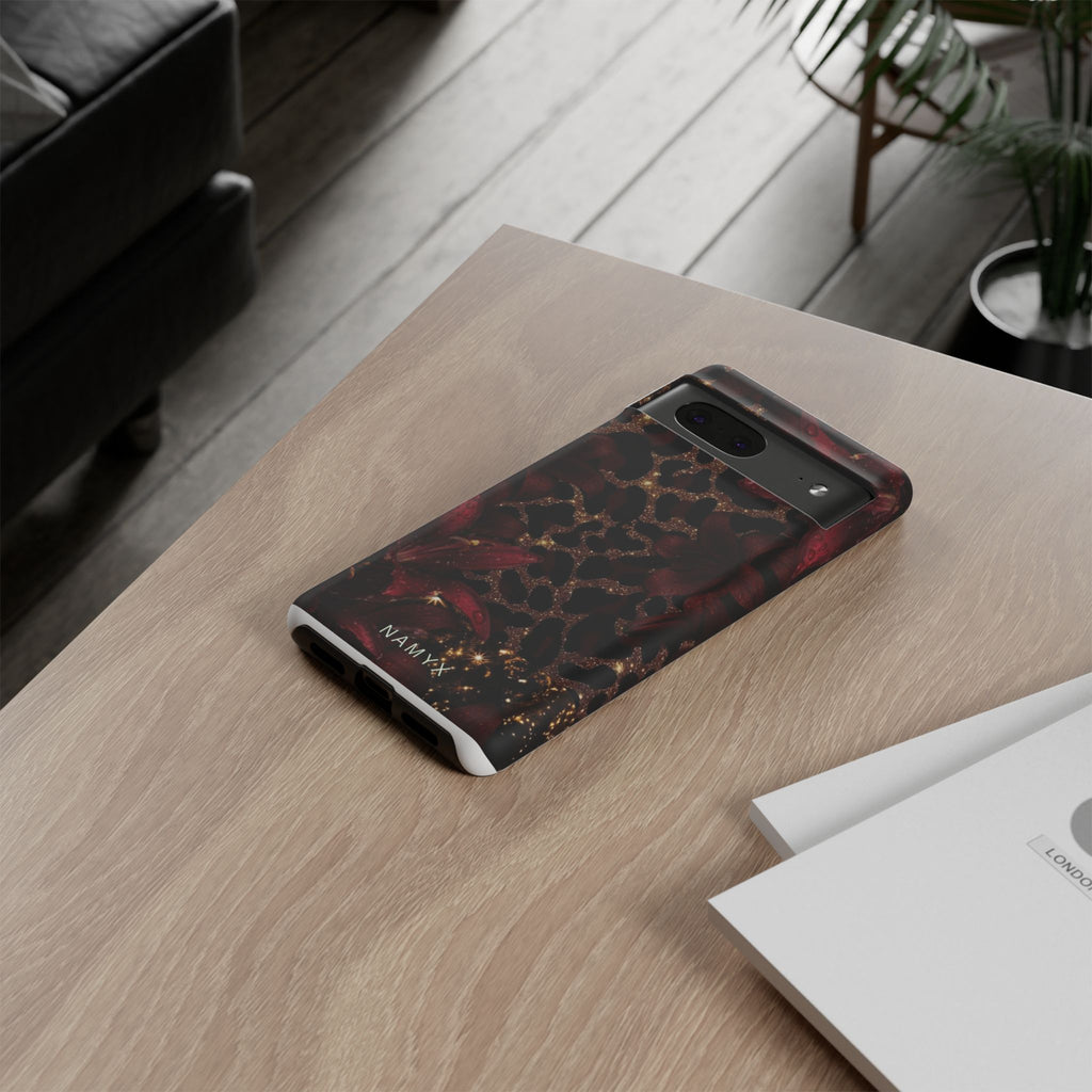 Protective Phone Case — Burgundy Floral & Gold Leopard Print Tough Case