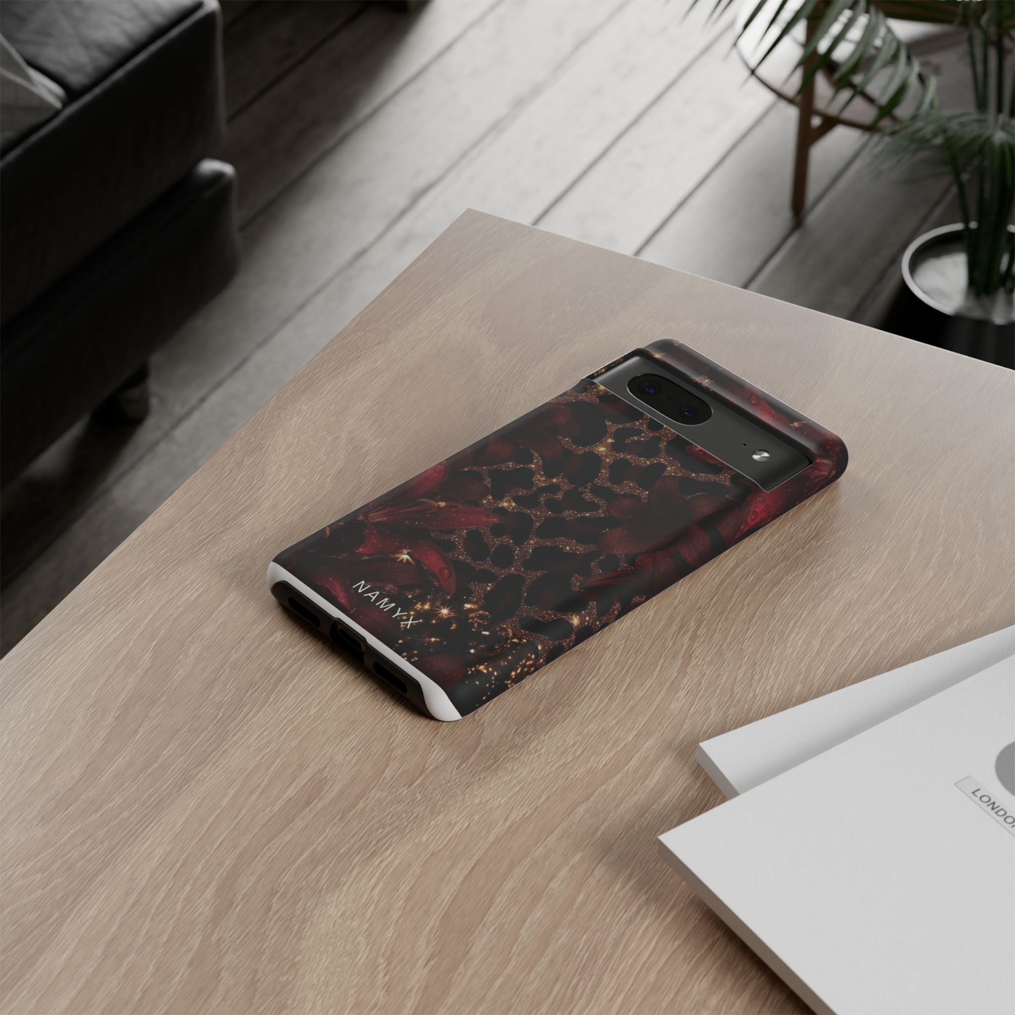 Protective Phone Case — Burgundy Floral & Gold Leopard Print Tough Case