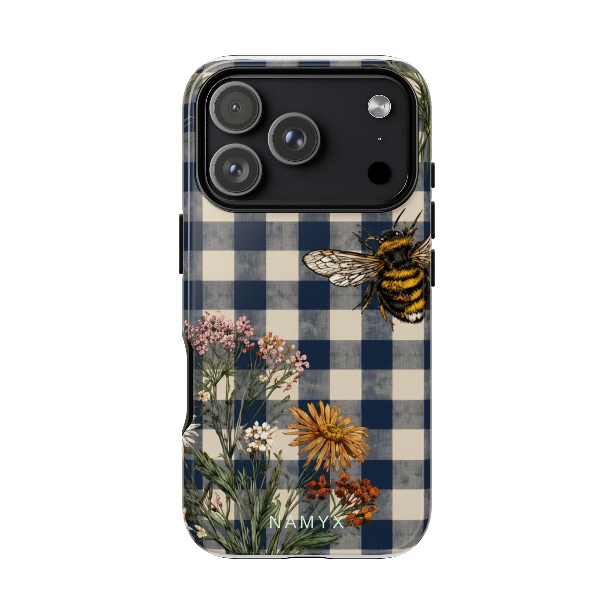 Bee & Wildflower Plaid Phone Case — Navy Buffalo Check Floral iPhone Cover