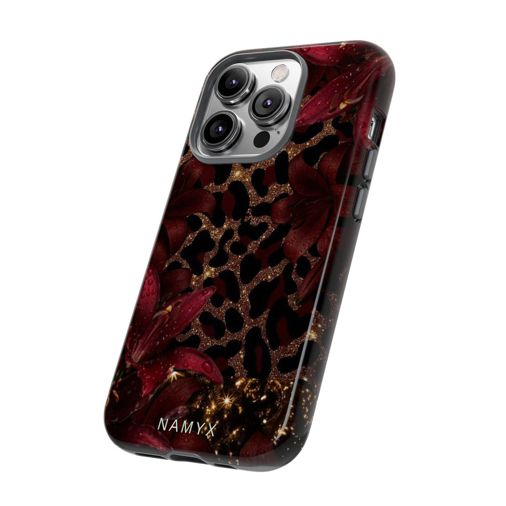 Protective Phone Case — Burgundy Floral & Gold Leopard Print Tough Case