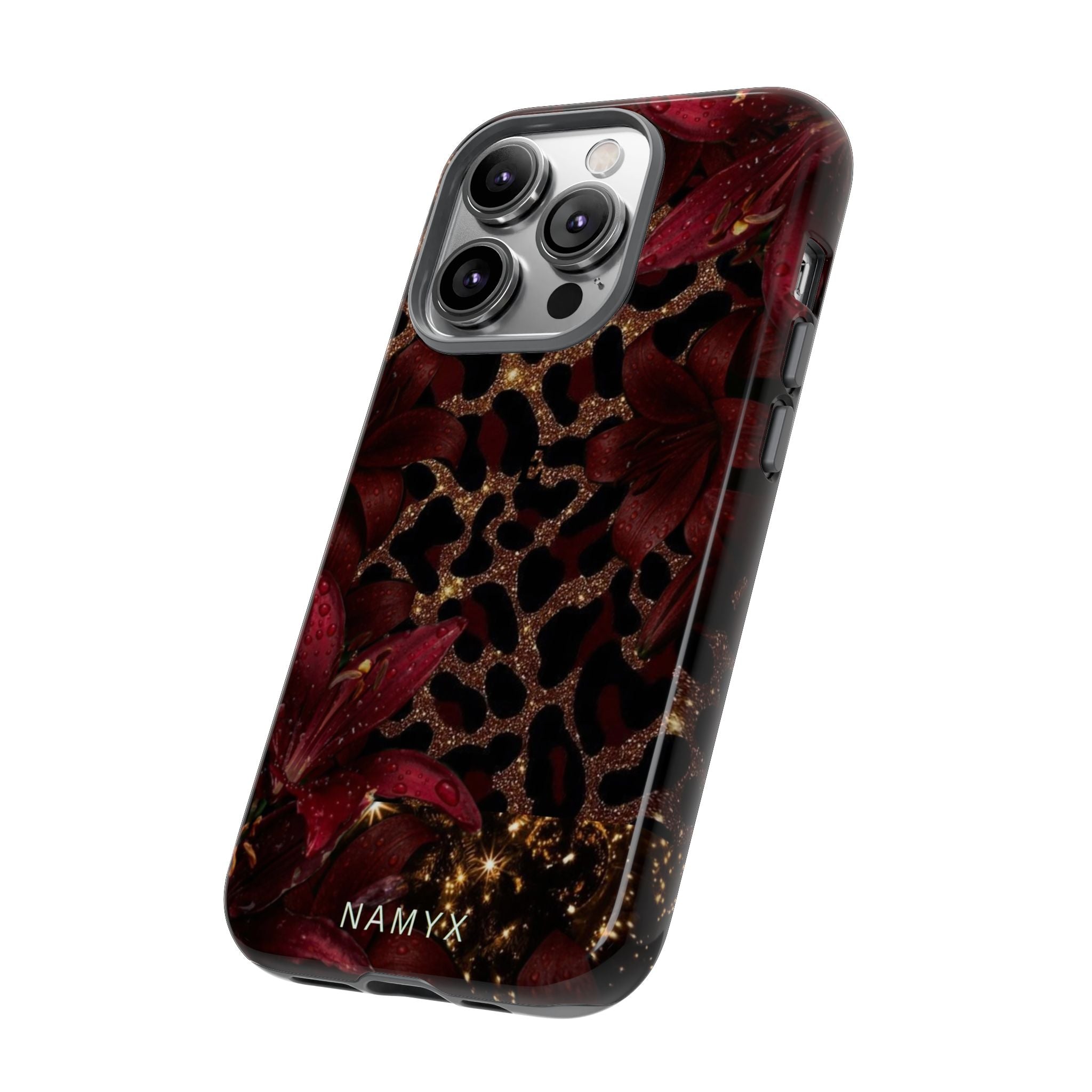 Protective Phone Case — Burgundy Floral & Gold Leopard Print Tough Case