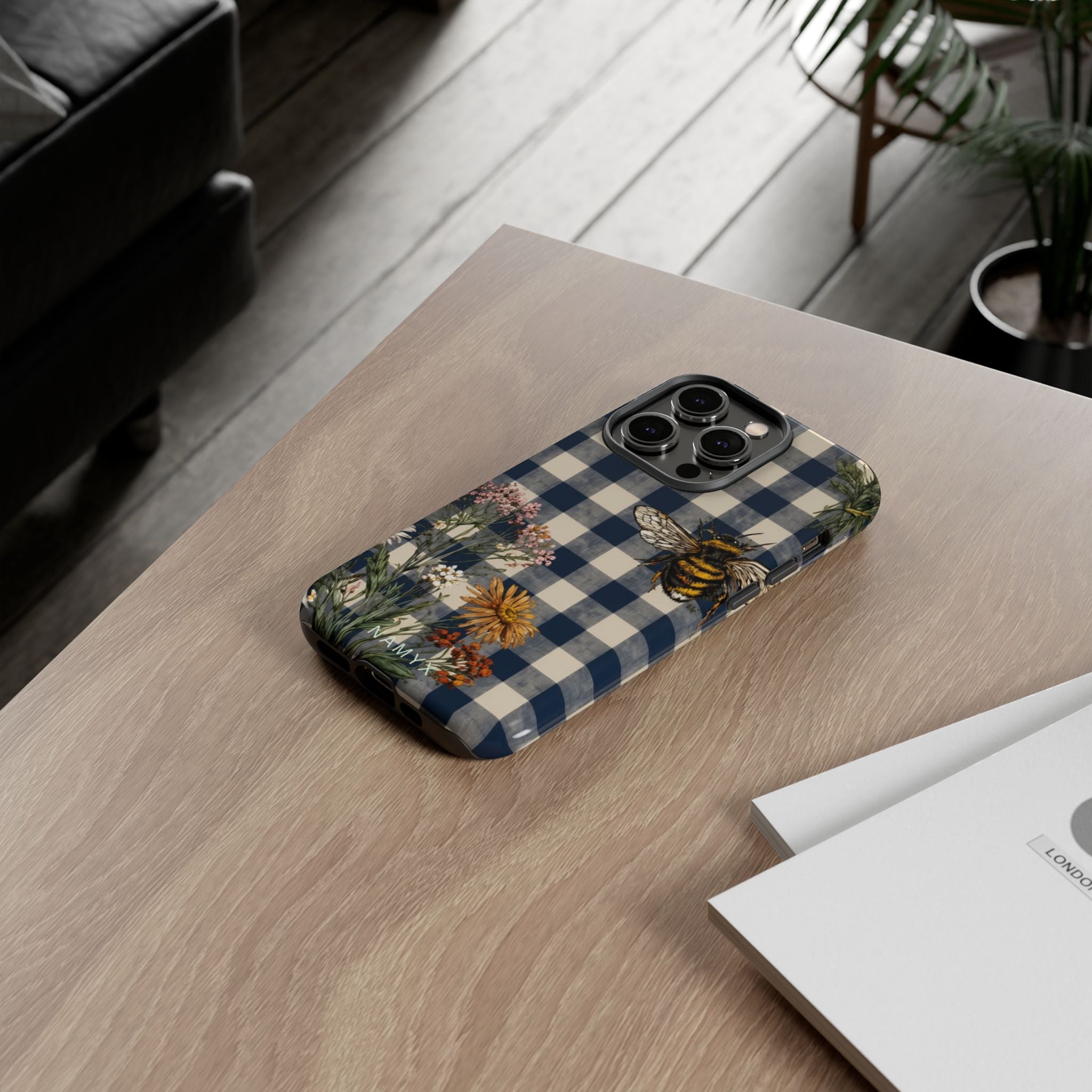 Bee & Wildflower Plaid Phone Case — Navy Buffalo Check Floral iPhone Cover