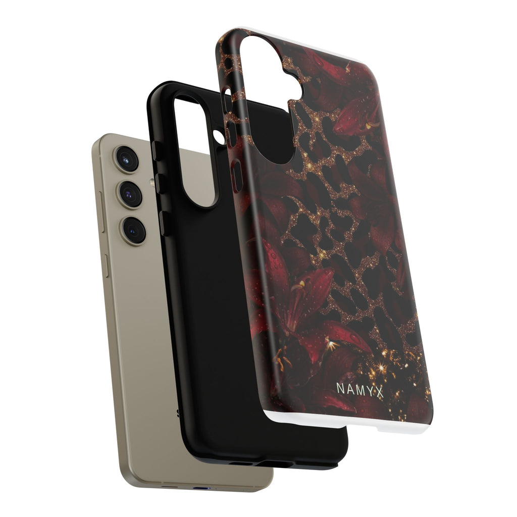 Protective Phone Case — Burgundy Floral & Gold Leopard Print Tough Case