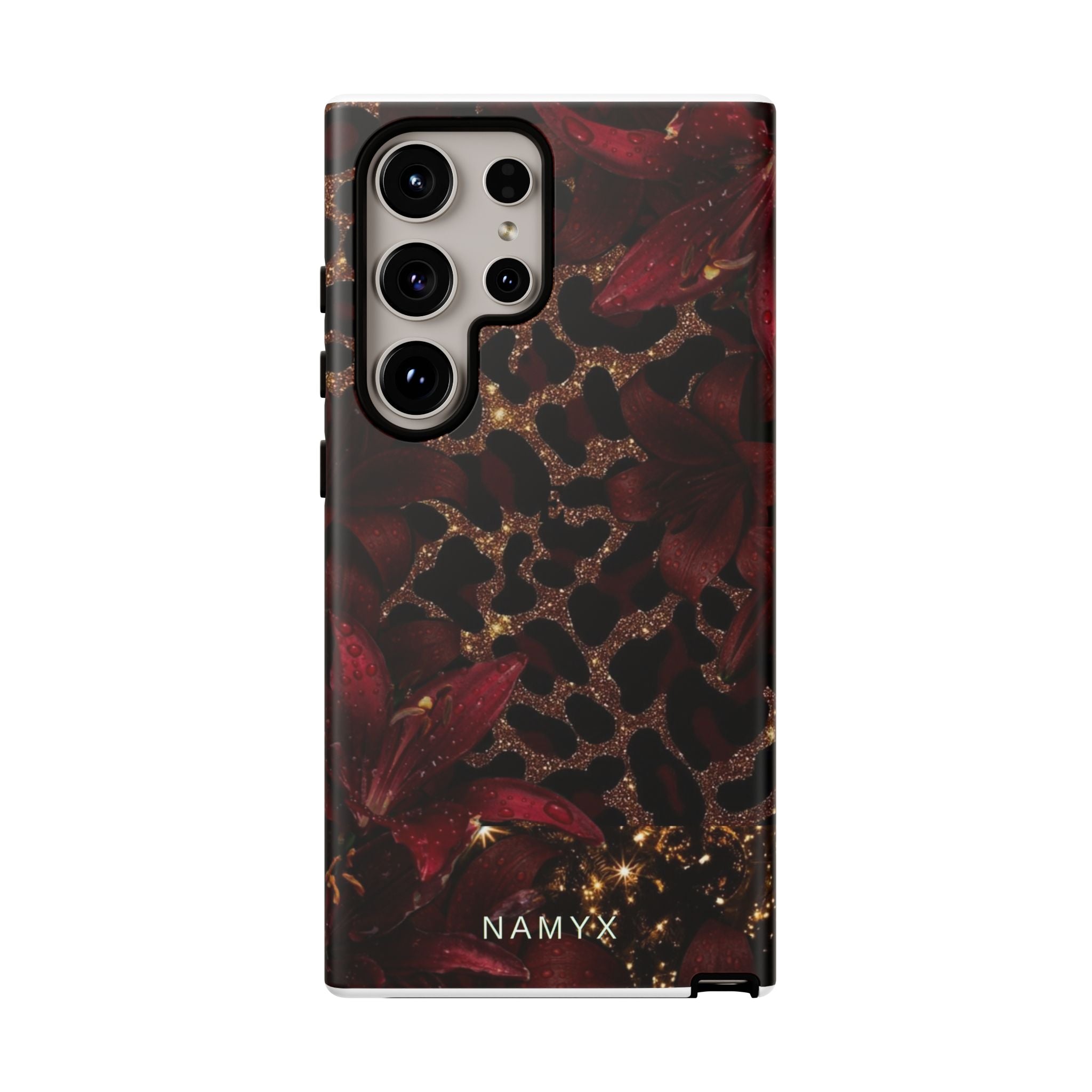 Protective Phone Case — Burgundy Floral & Gold Leopard Print Tough Case
