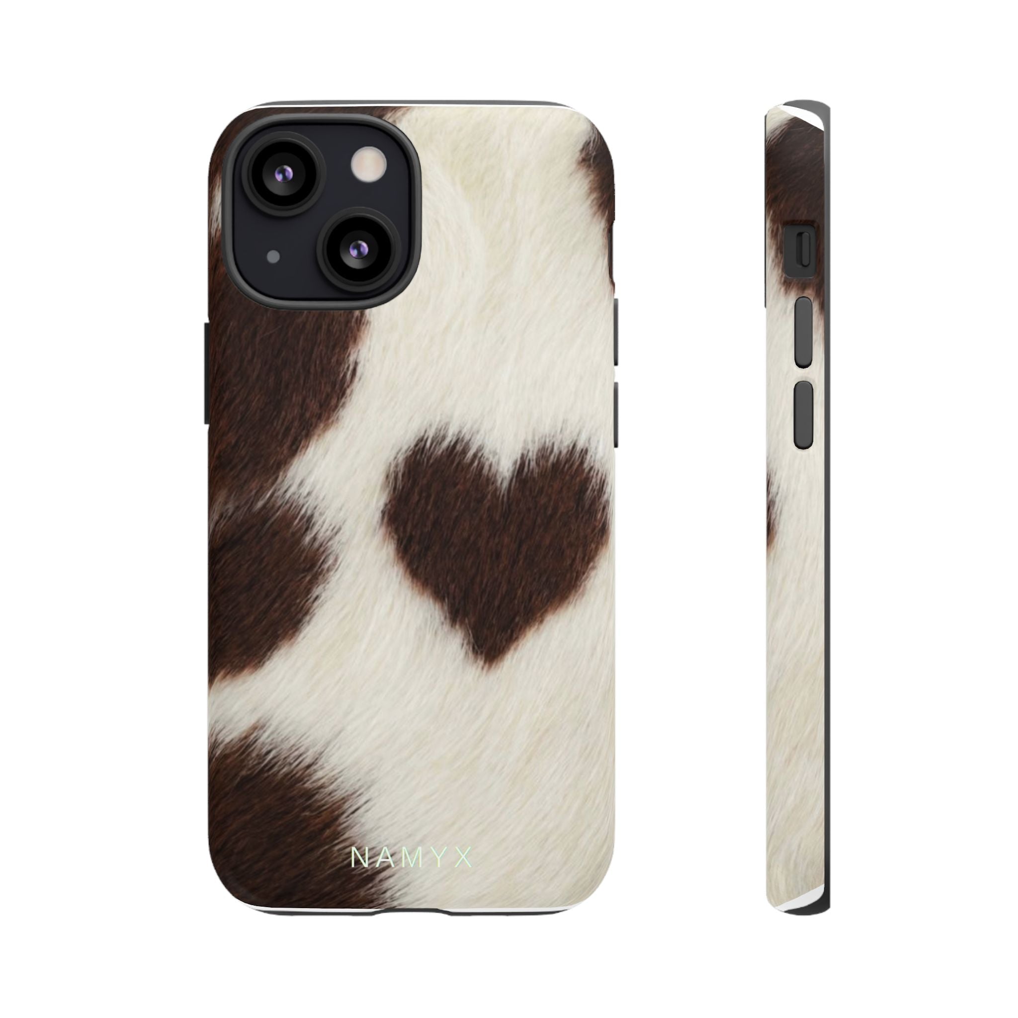Cowhide Heart Phone Case — Cute Cow Print Protective iPhone Cover