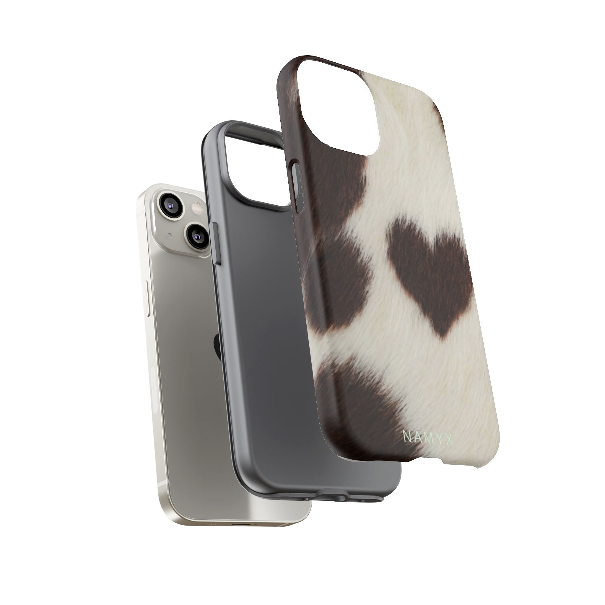 Cowhide Heart Phone Case — Cute Cow Print Protective iPhone Cover