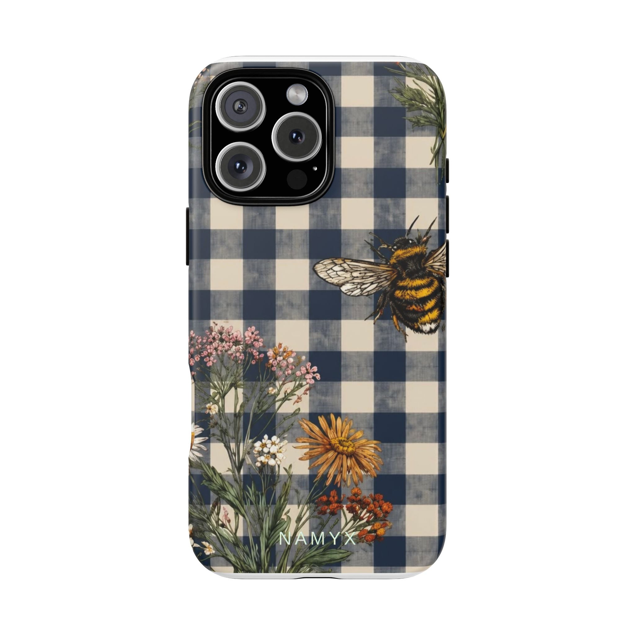 Bee & Wildflower Plaid Phone Case — Navy Buffalo Check Floral iPhone Cover