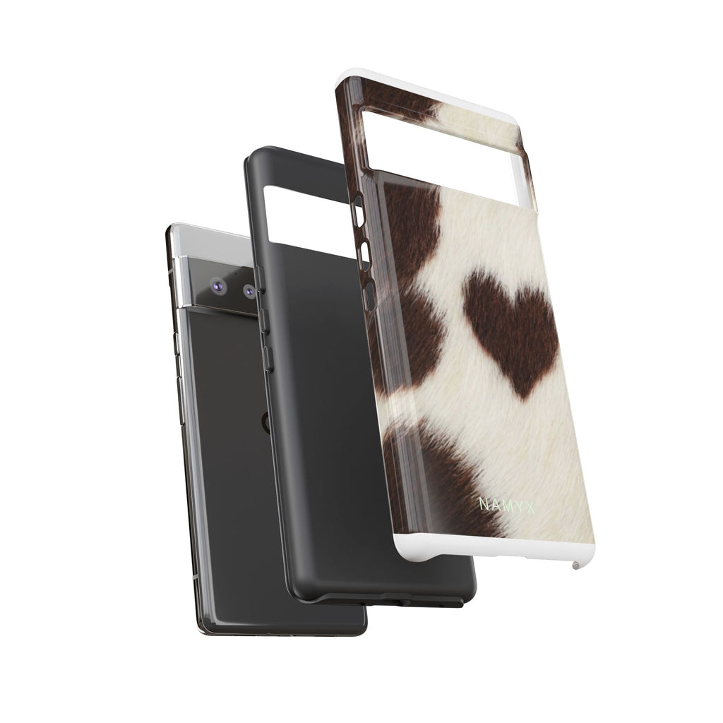Cowhide Heart Phone Case — Cute Cow Print Protective iPhone Cover