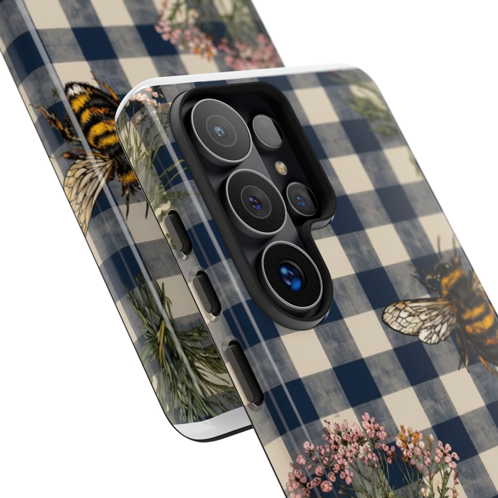 Bee & Wildflower Plaid Phone Case — Navy Buffalo Check Floral iPhone Cover