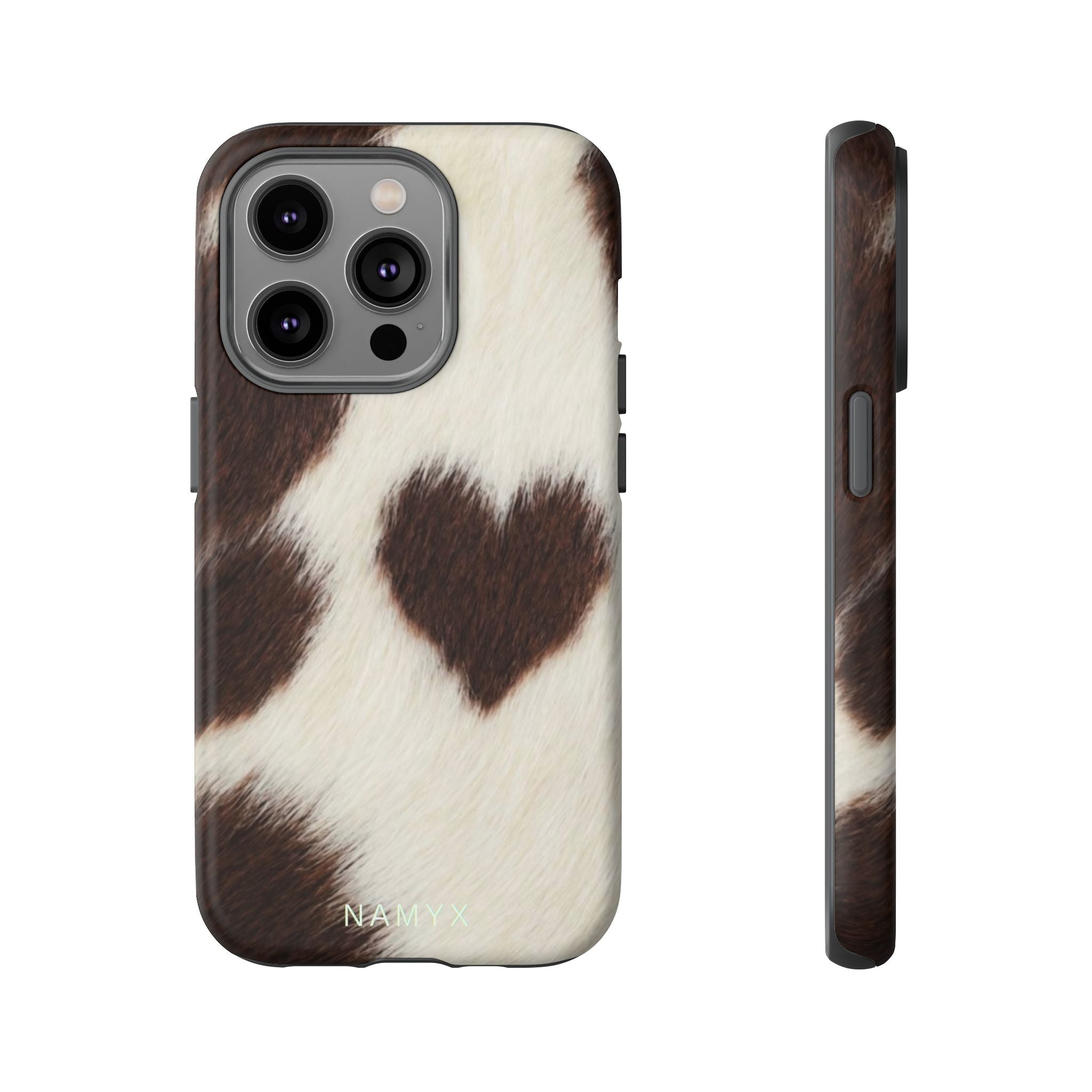 Cowhide Heart Phone Case — Cute Cow Print Protective iPhone Cover