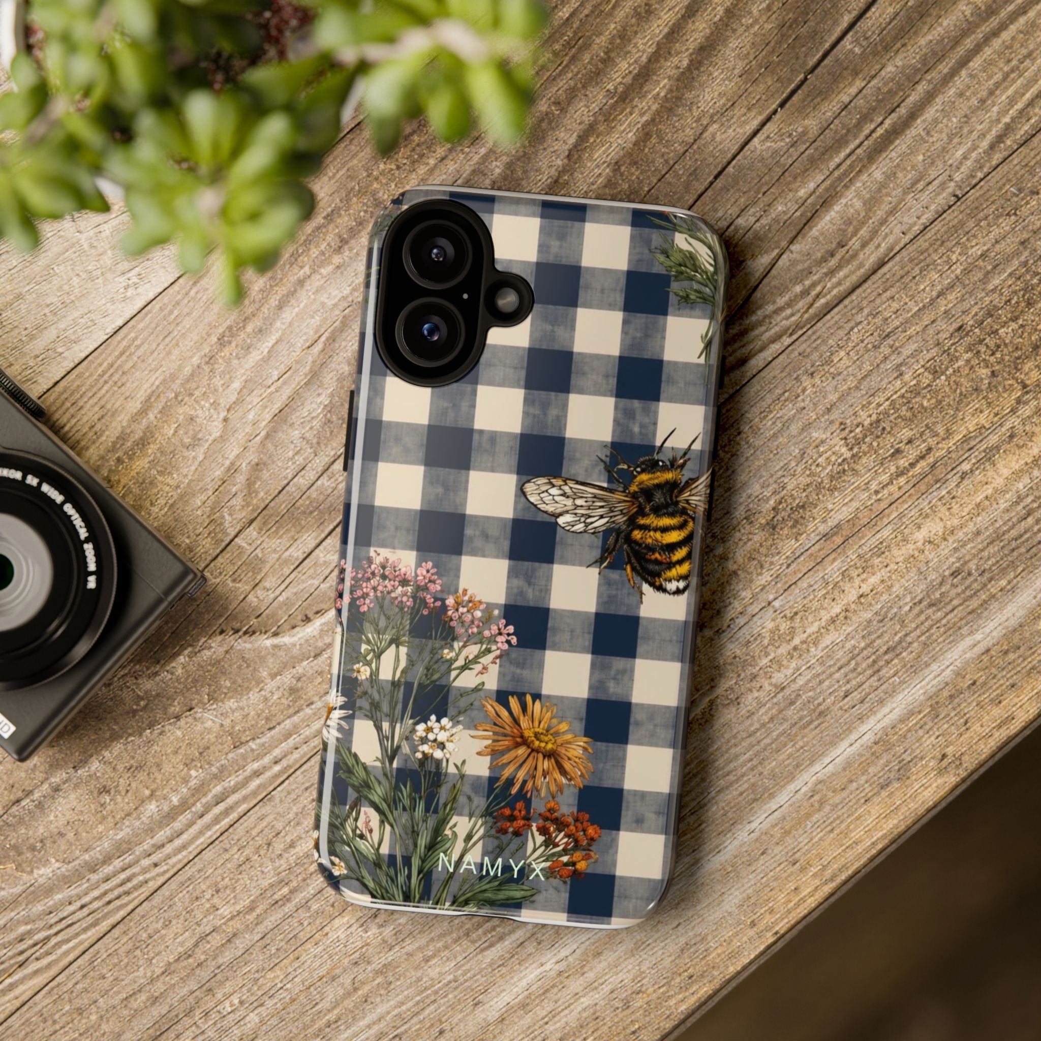 Bee & Wildflower Plaid Phone Case — Navy Buffalo Check Floral iPhone Cover