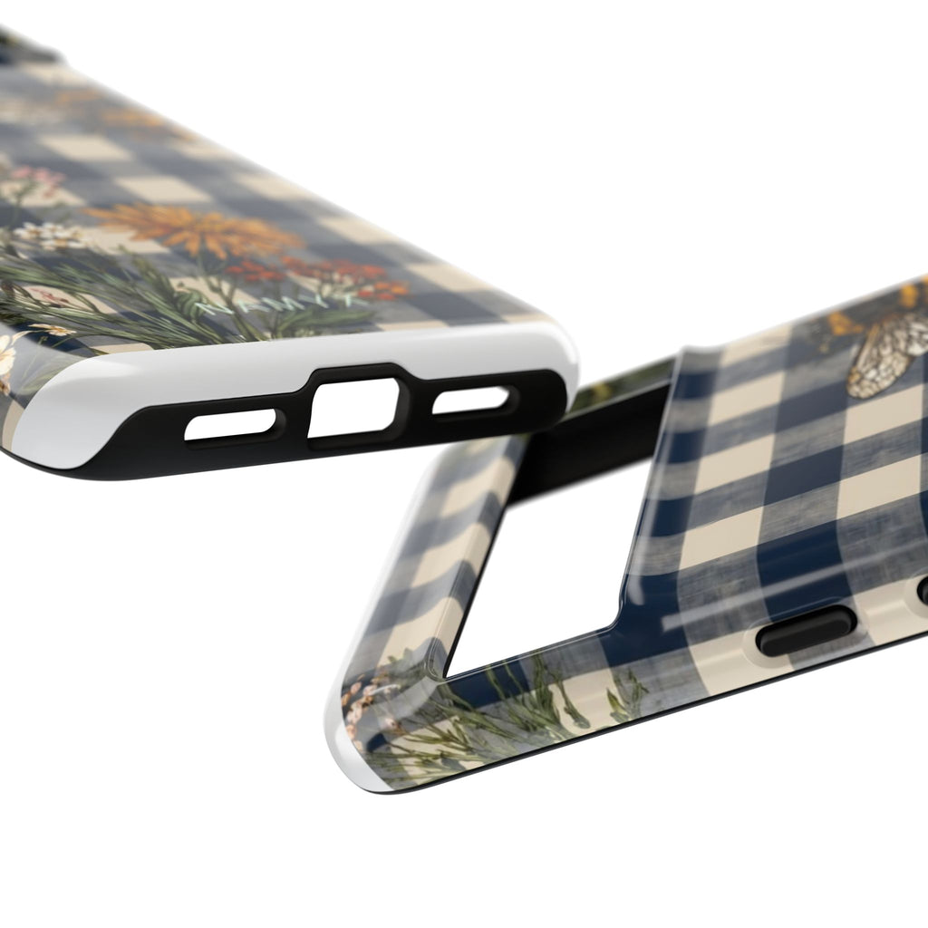 Bee & Wildflower Plaid Phone Case — Navy Buffalo Check Floral iPhone Cover