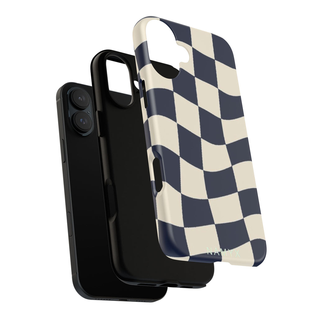 Wavy Checkered Phone Case – Retro Navy Racing Pattern Tough Case