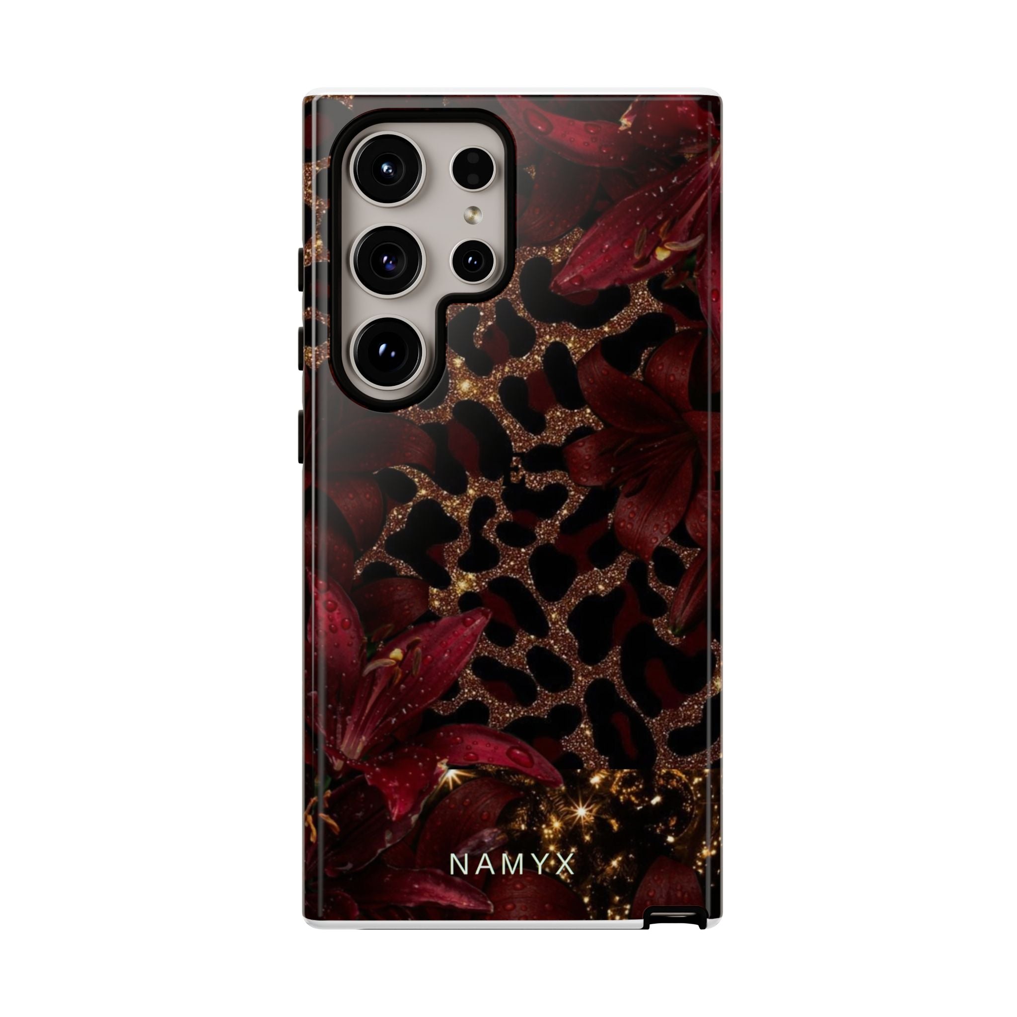 Protective Phone Case — Burgundy Floral & Gold Leopard Print Tough Case