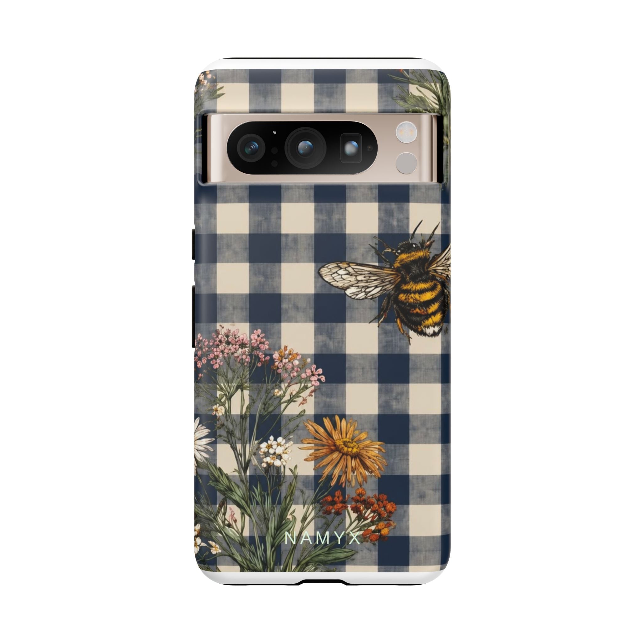 Bee & Wildflower Plaid Phone Case — Navy Buffalo Check Floral iPhone Cover