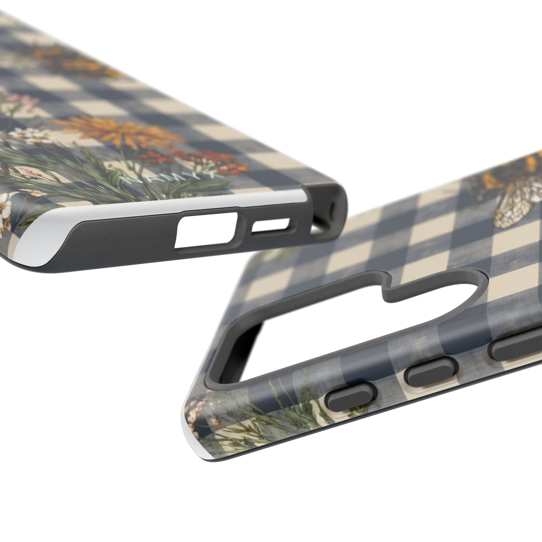 Bee & Wildflower Plaid Phone Case — Navy Buffalo Check Floral iPhone Cover