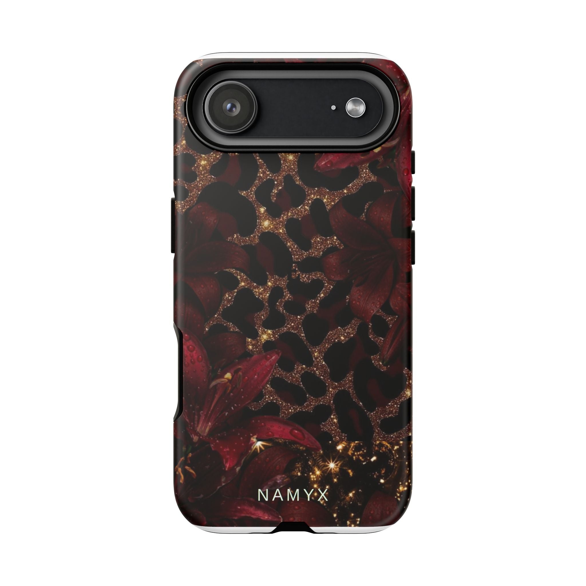 Protective Phone Case — Burgundy Floral & Gold Leopard Print Tough Case
